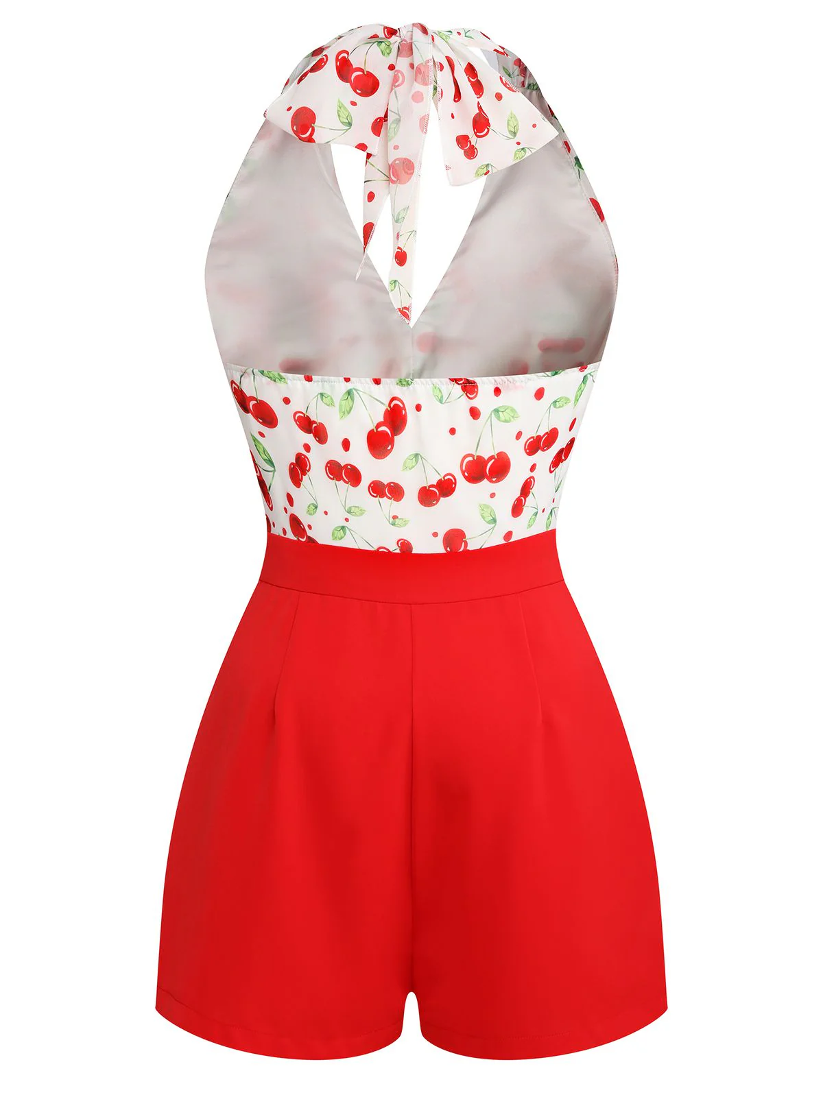 Red Cherry V-Neck Halter Lace-Up Romper - Image 7