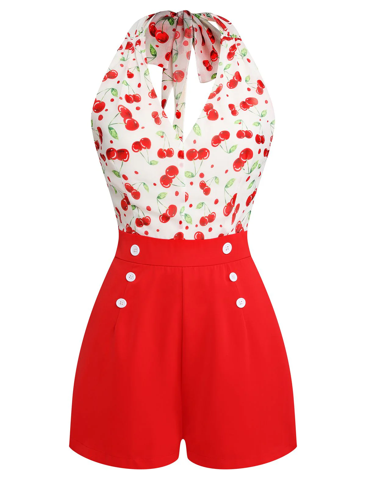 Red Cherry V-Neck Halter Lace-Up Romper - Image 4