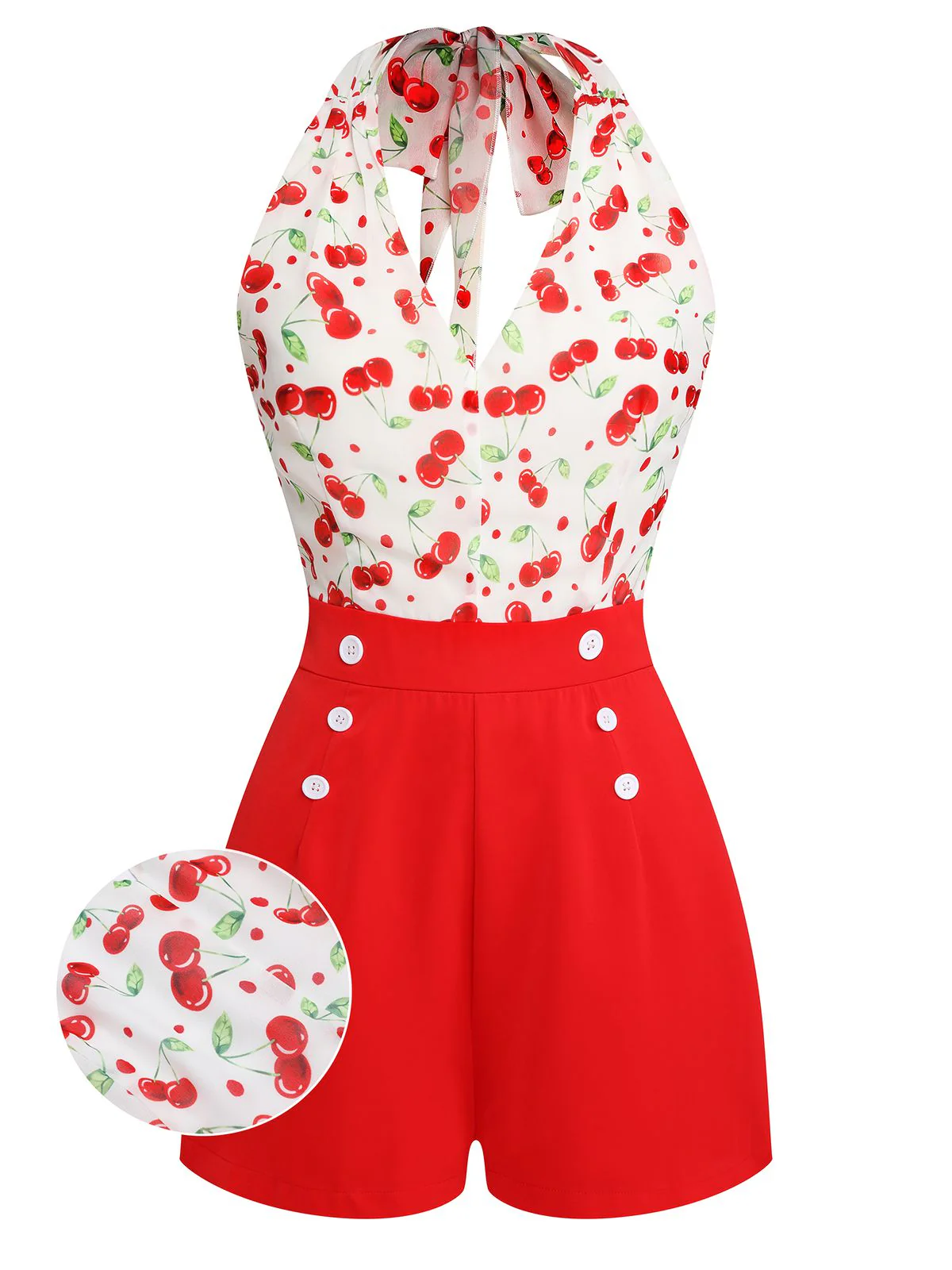 Red Cherry V-Neck Halter Lace-Up Romper - Image 2