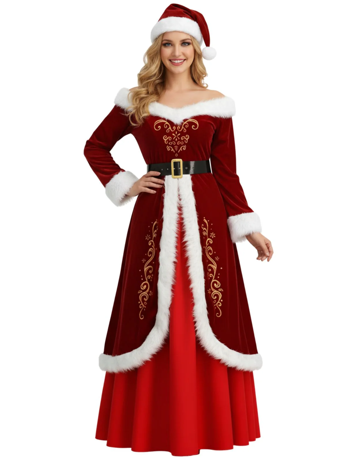 Red Christmas Velvet Faux Fur Trim Dress