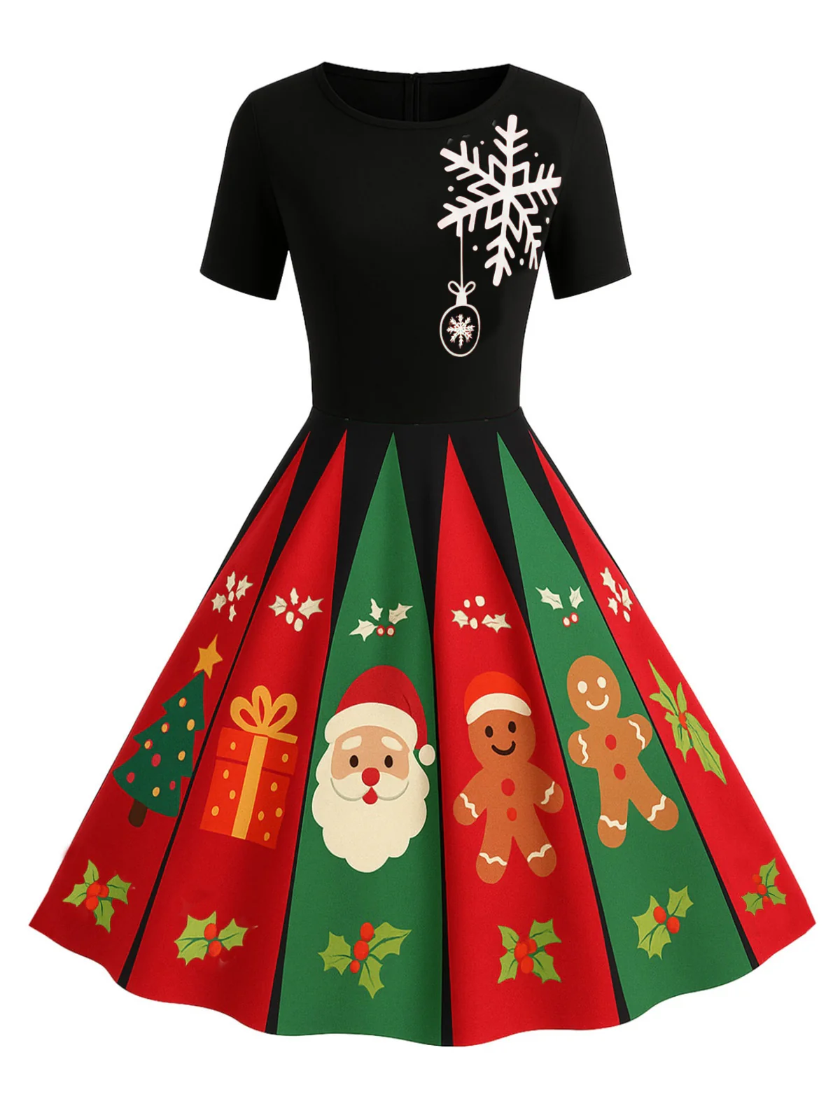 Red & Green 1950s Christmas Snowflake Swing Dress - Image 10