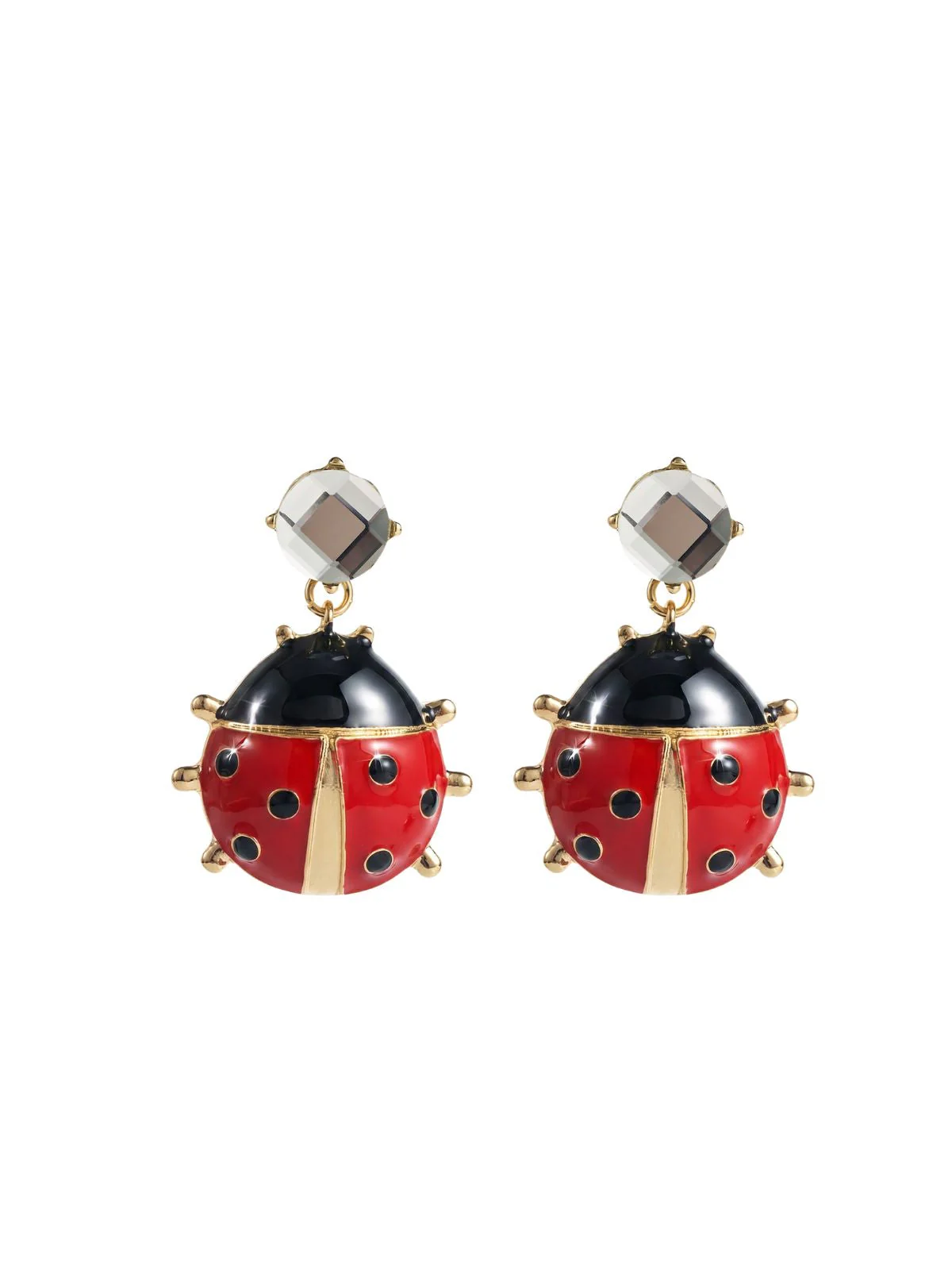 Red Ladybug Crystal Gold Drop Earrings