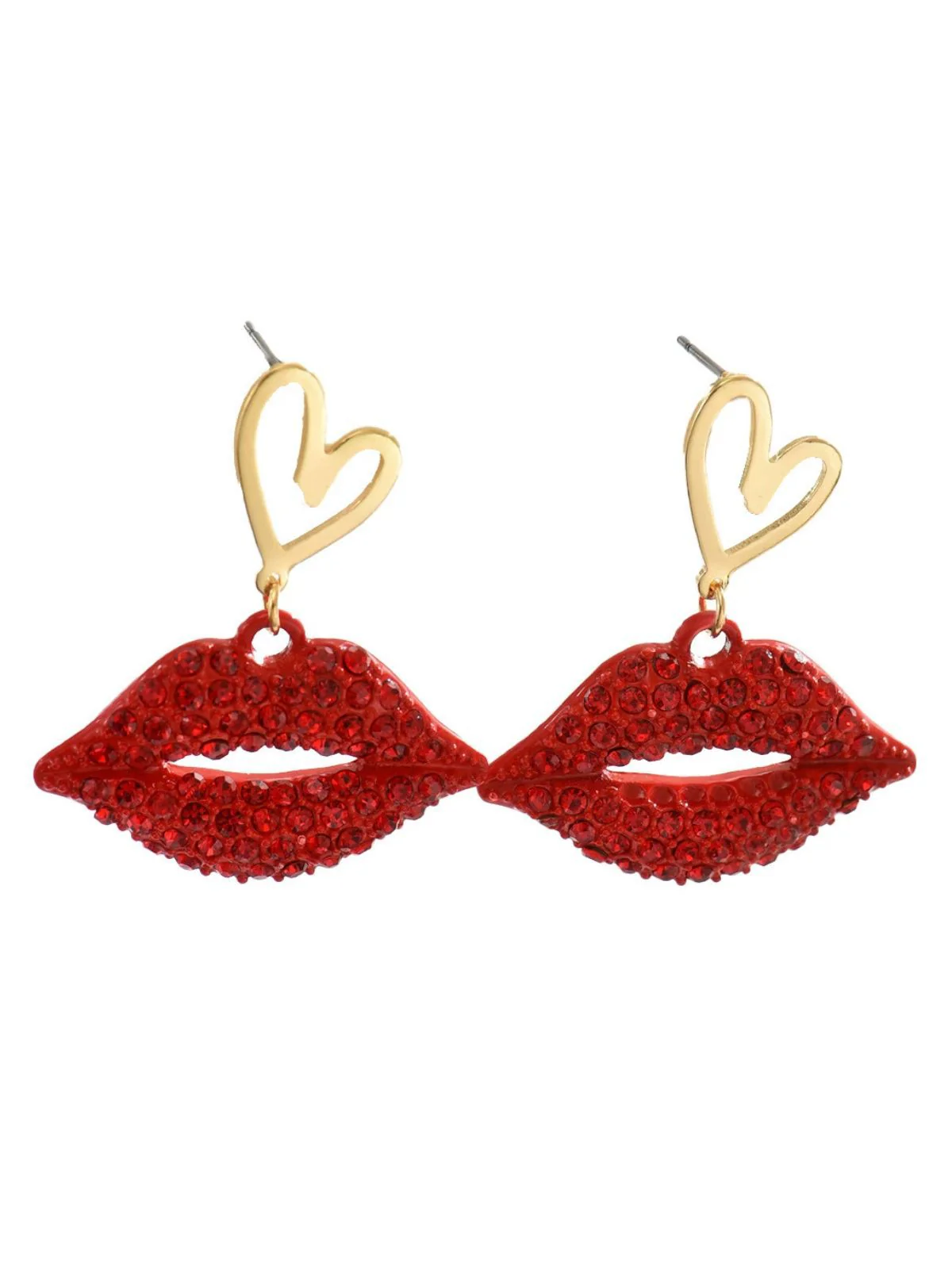 Red Lip Rhinestones Heart Alloy Pendant Earrings