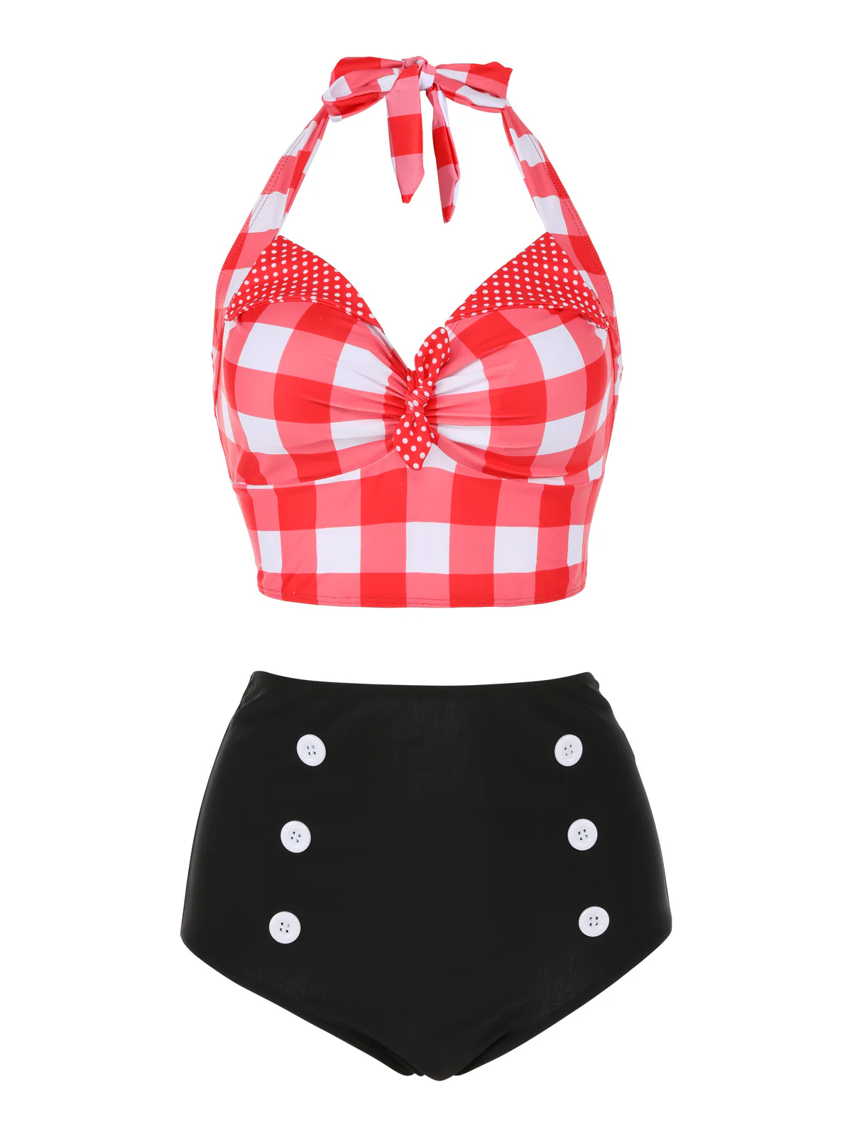 Red 1950s Plaid Halter Bikini Set - Image 2