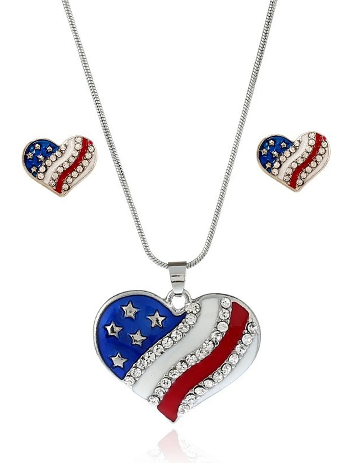 Red White and Blue Rhinestone Heart Necklace & Earrings Set