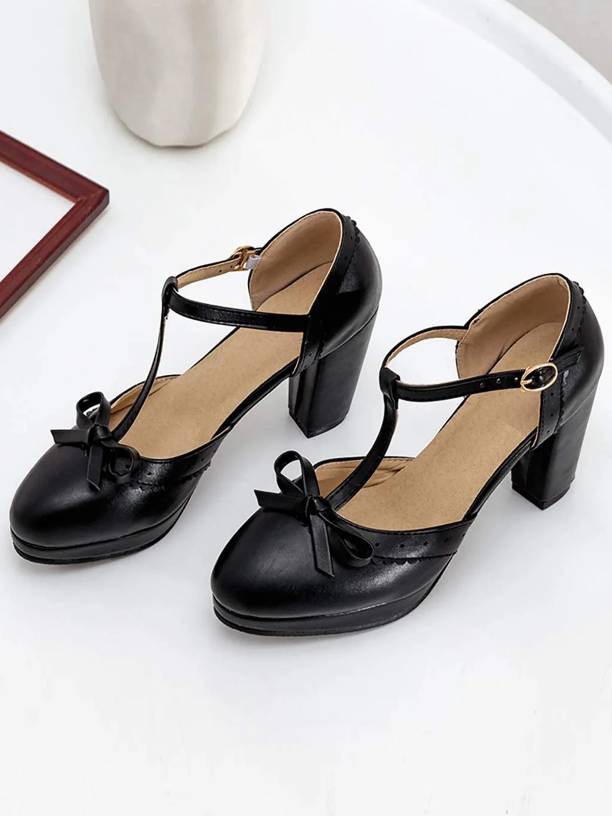 Retro Bow T-Strap High Heels Shoes - Image 12