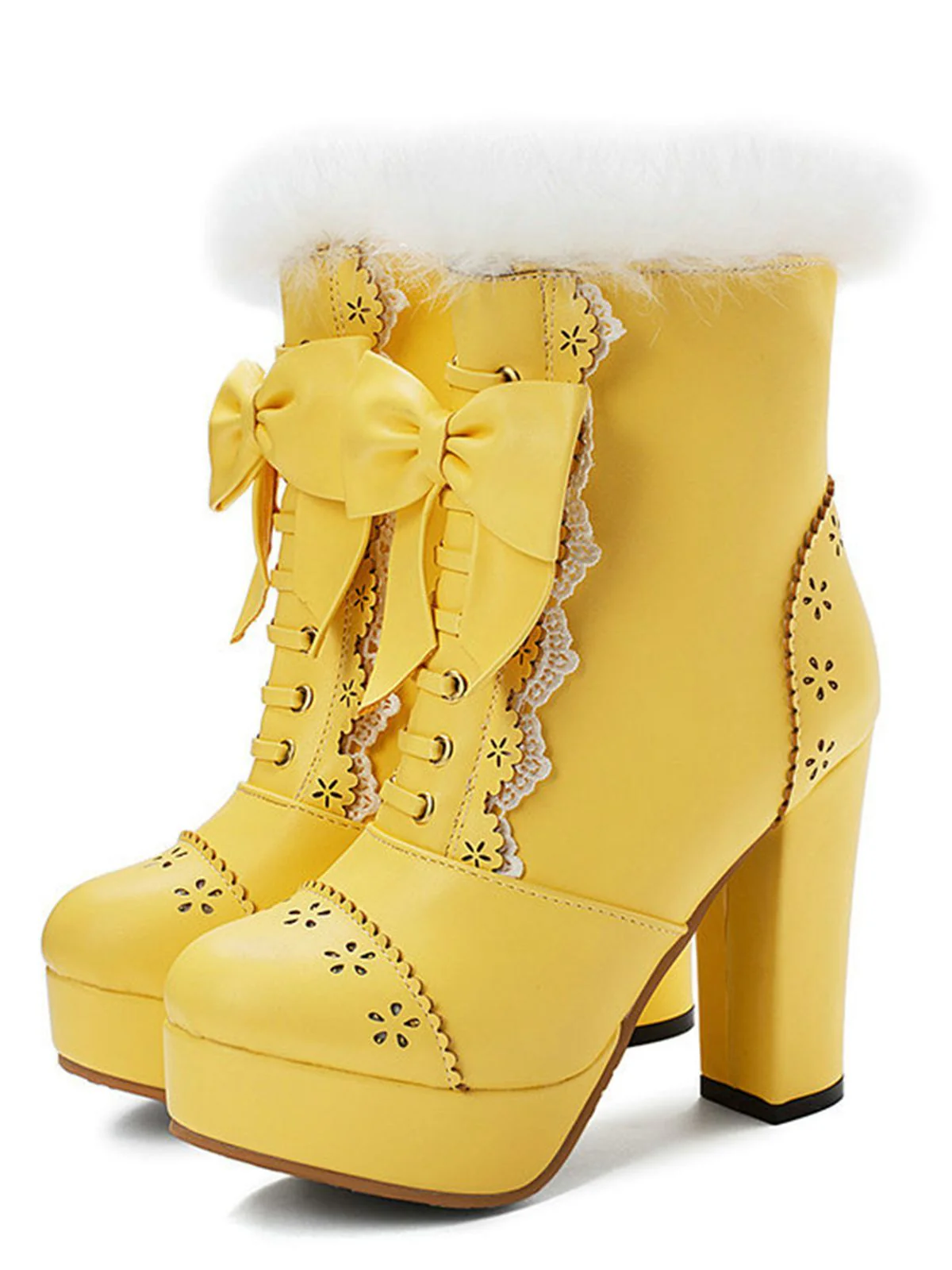 Retro Furry Bowknot Chunky Heel Snow Boots - Image 5