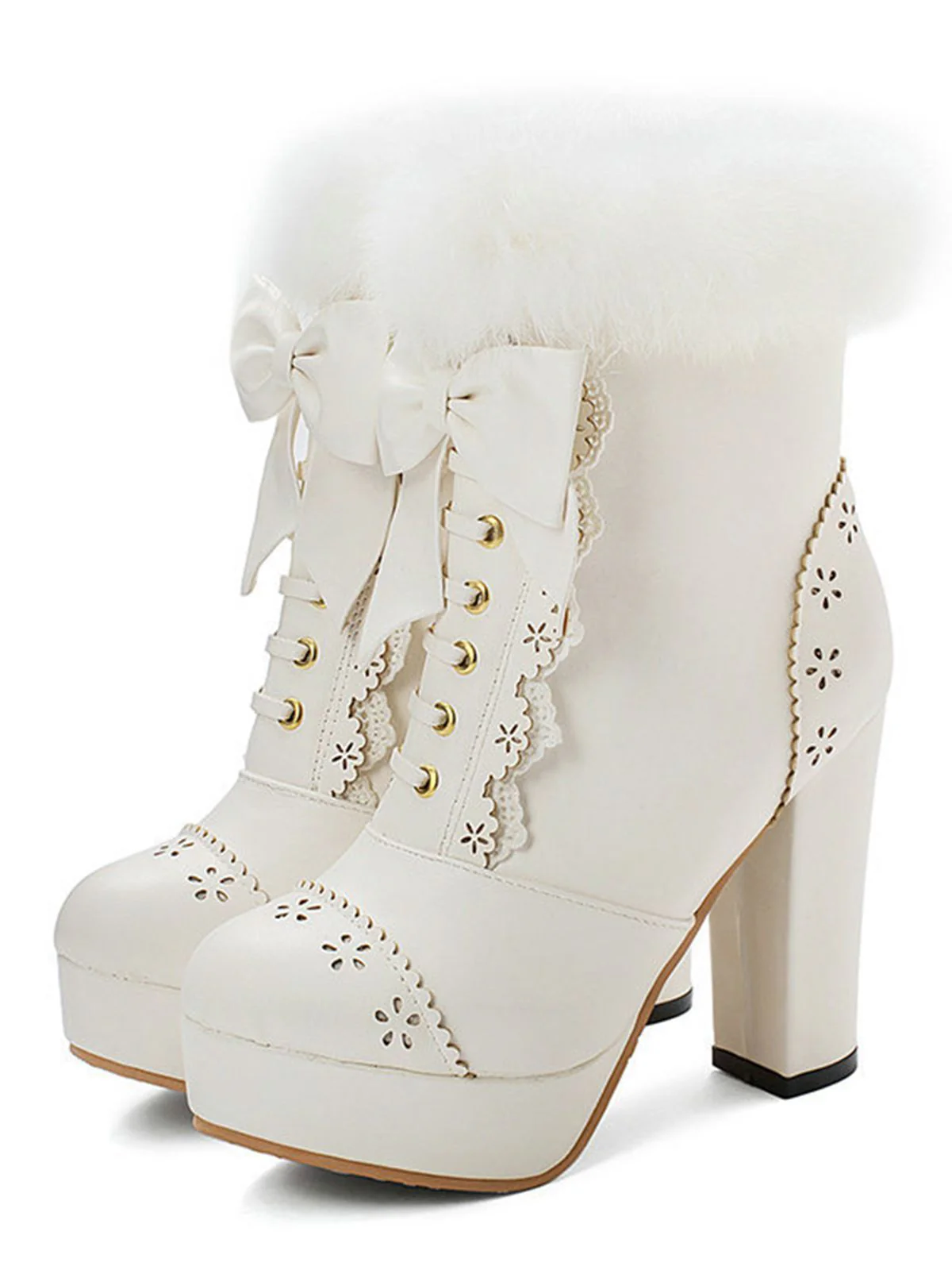Retro Furry Bowknot Chunky Heel Snow Boots - Image 6