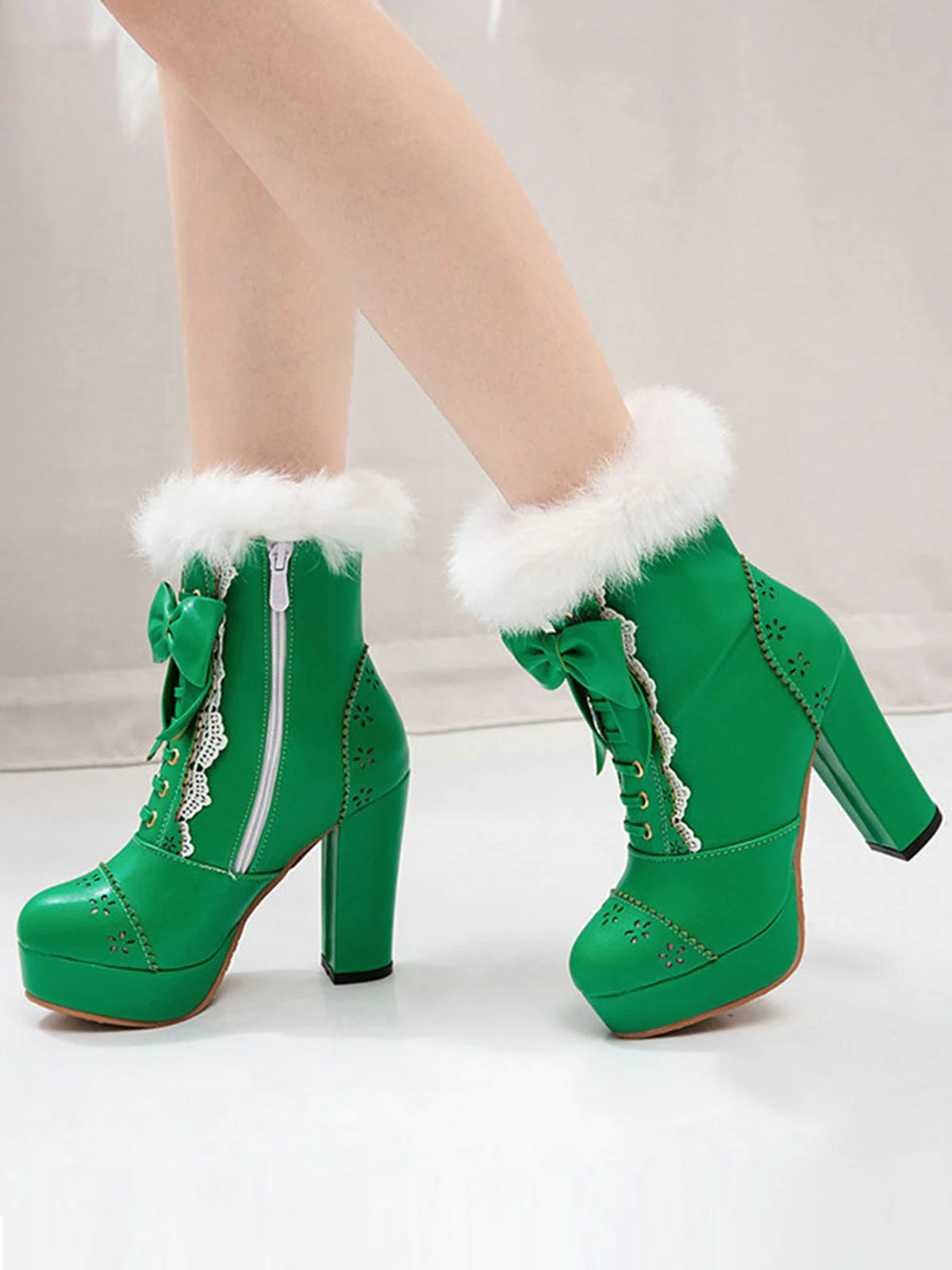 Retro Furry Bowknot Chunky Heel Snow Boots - Image 5