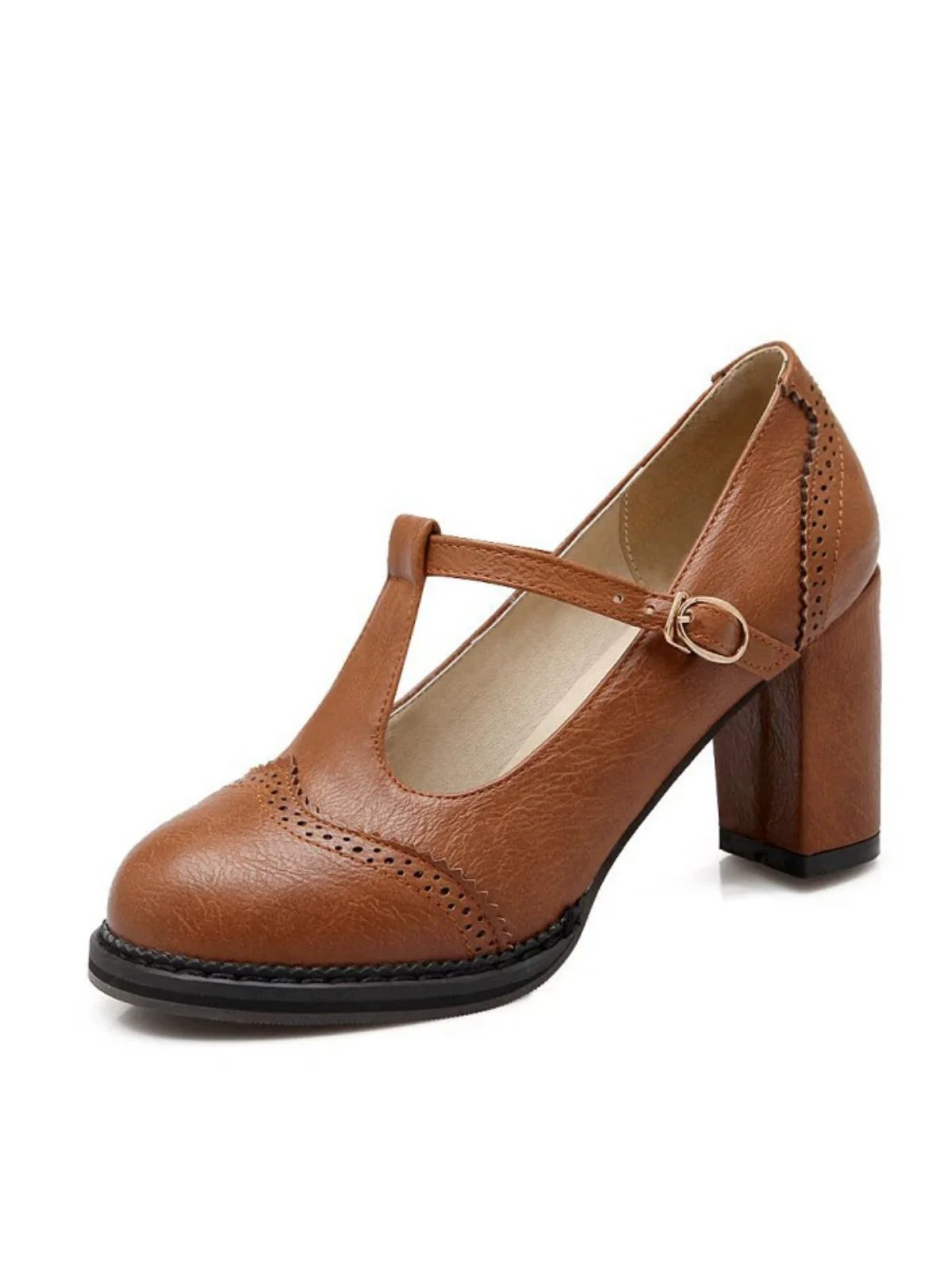 Retro Leather T-Strap Chunky Heel Shoes