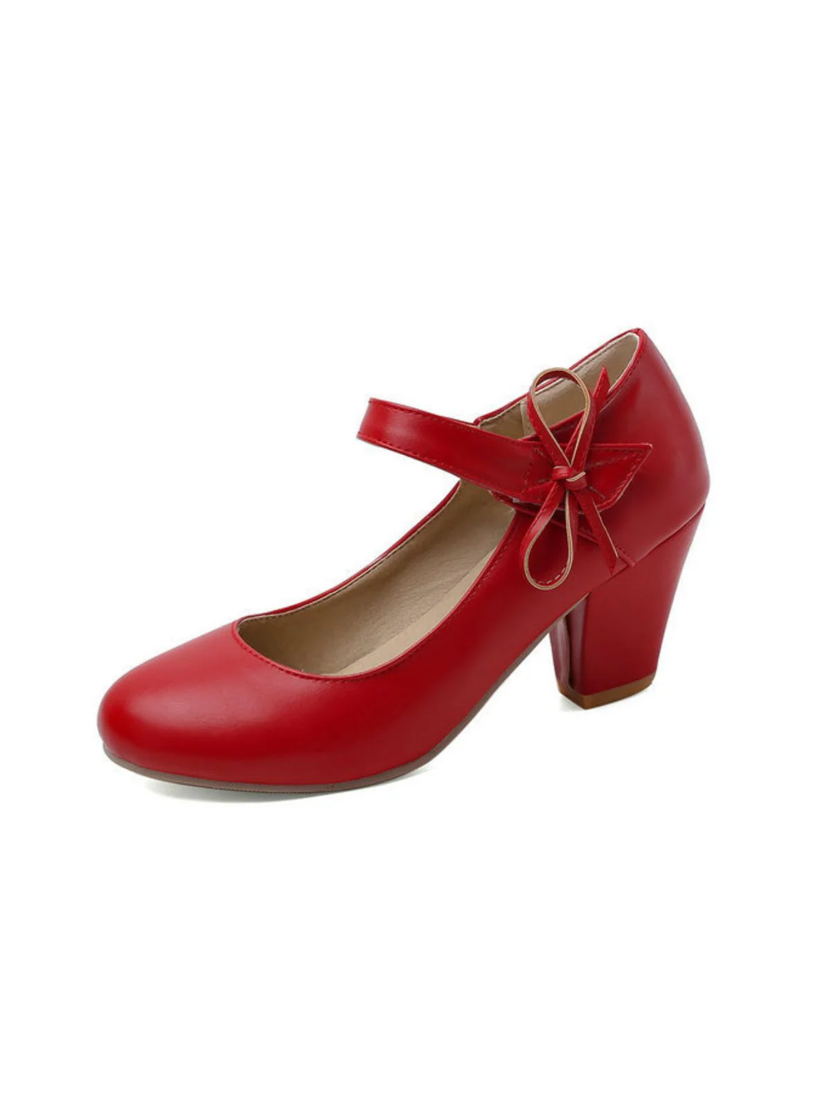 Retro Round Toe Solid Bowknot Chunky Heels