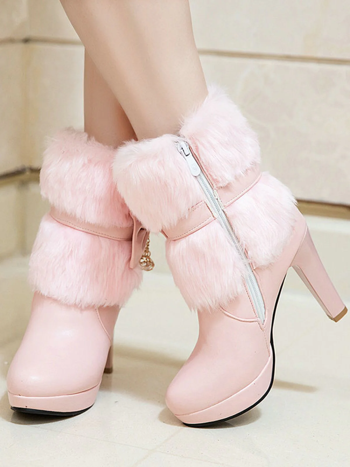 Retro Solid Furry Chunky Heel Short Boots - Image 3