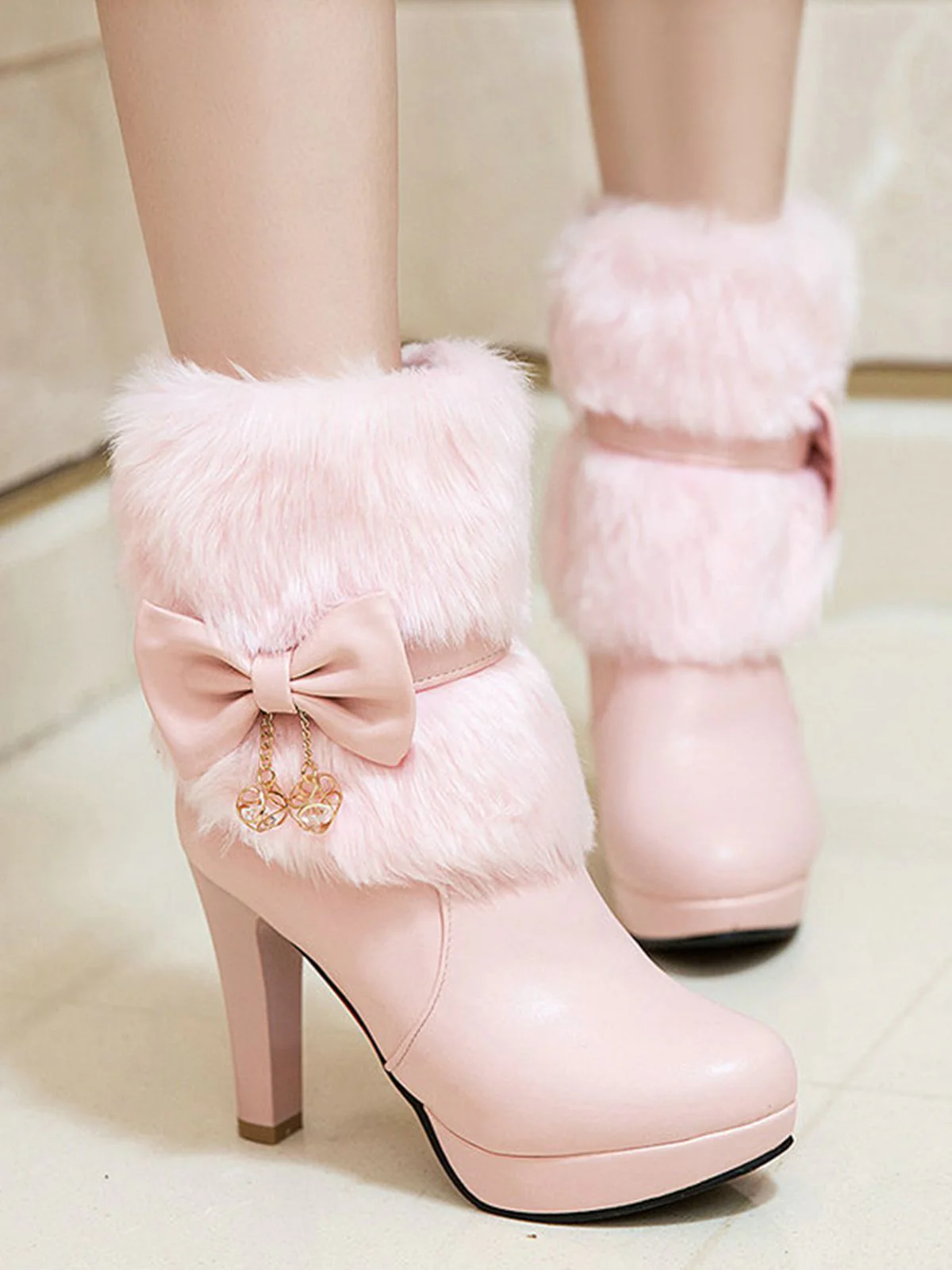 Retro Solid Furry Chunky Heel Short Boots - Image 4