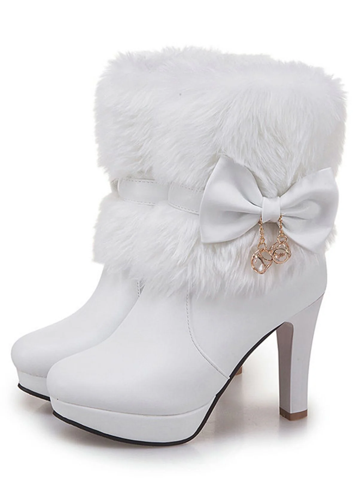 Retro Solid Furry Chunky Heel Short Boots - Image 8