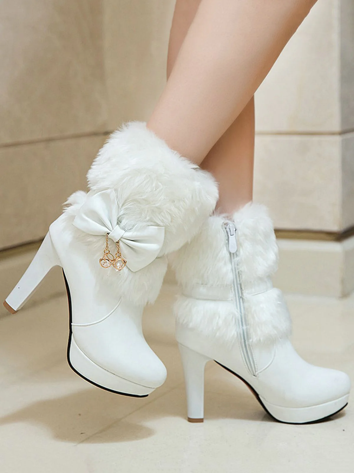 Retro Solid Furry Chunky Heel Short Boots - Image 9