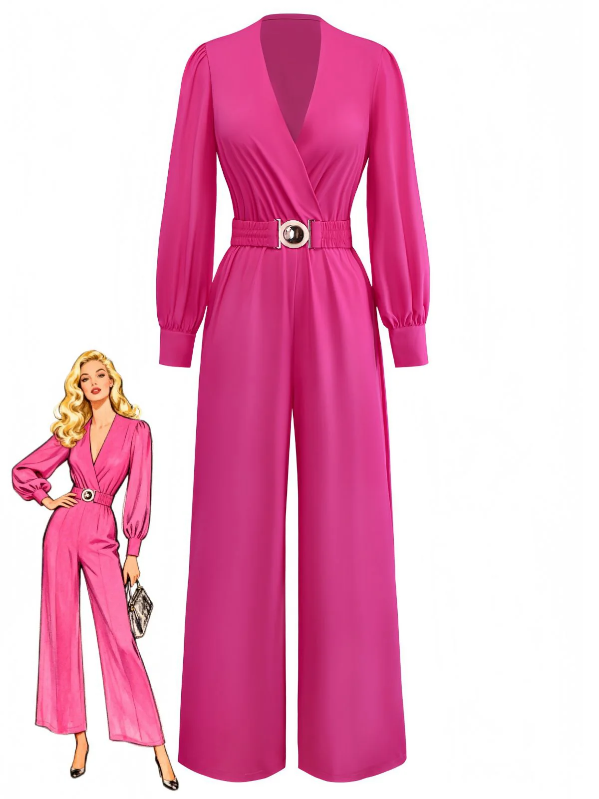 Rose Pink 1960s Deep V Belted Lantern Sleeve Solid Jumpsuit