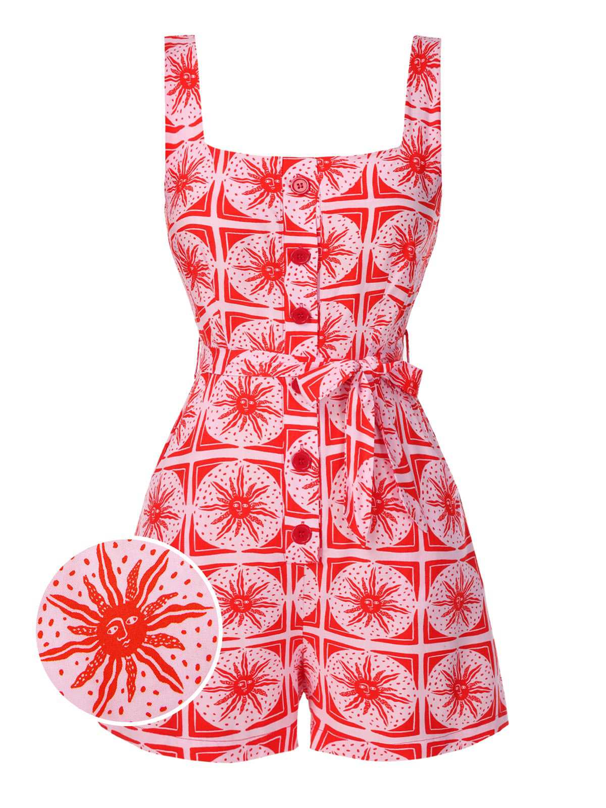 Rose Pink 1970s Boho Sun Print Button Romper