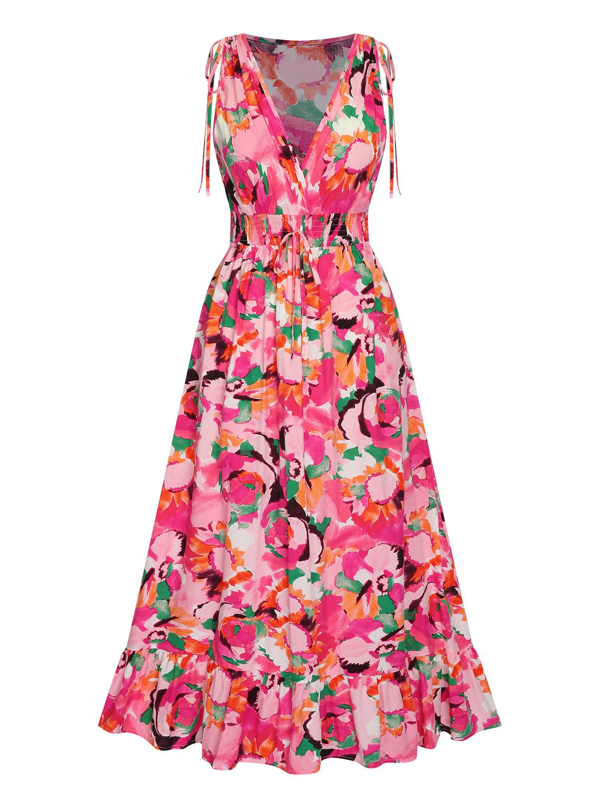 Rose Red 1940s Floral V-Neck Elastic Waist Dress