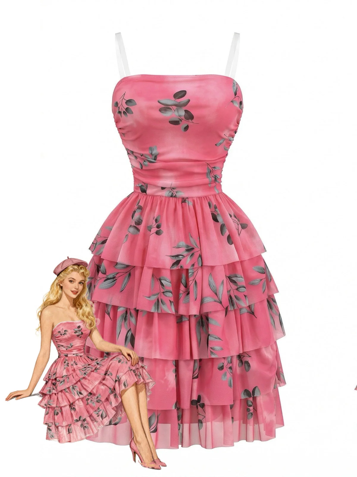 Rose Red 1950s Leaf Print Ruched Tiered Mesh Dress