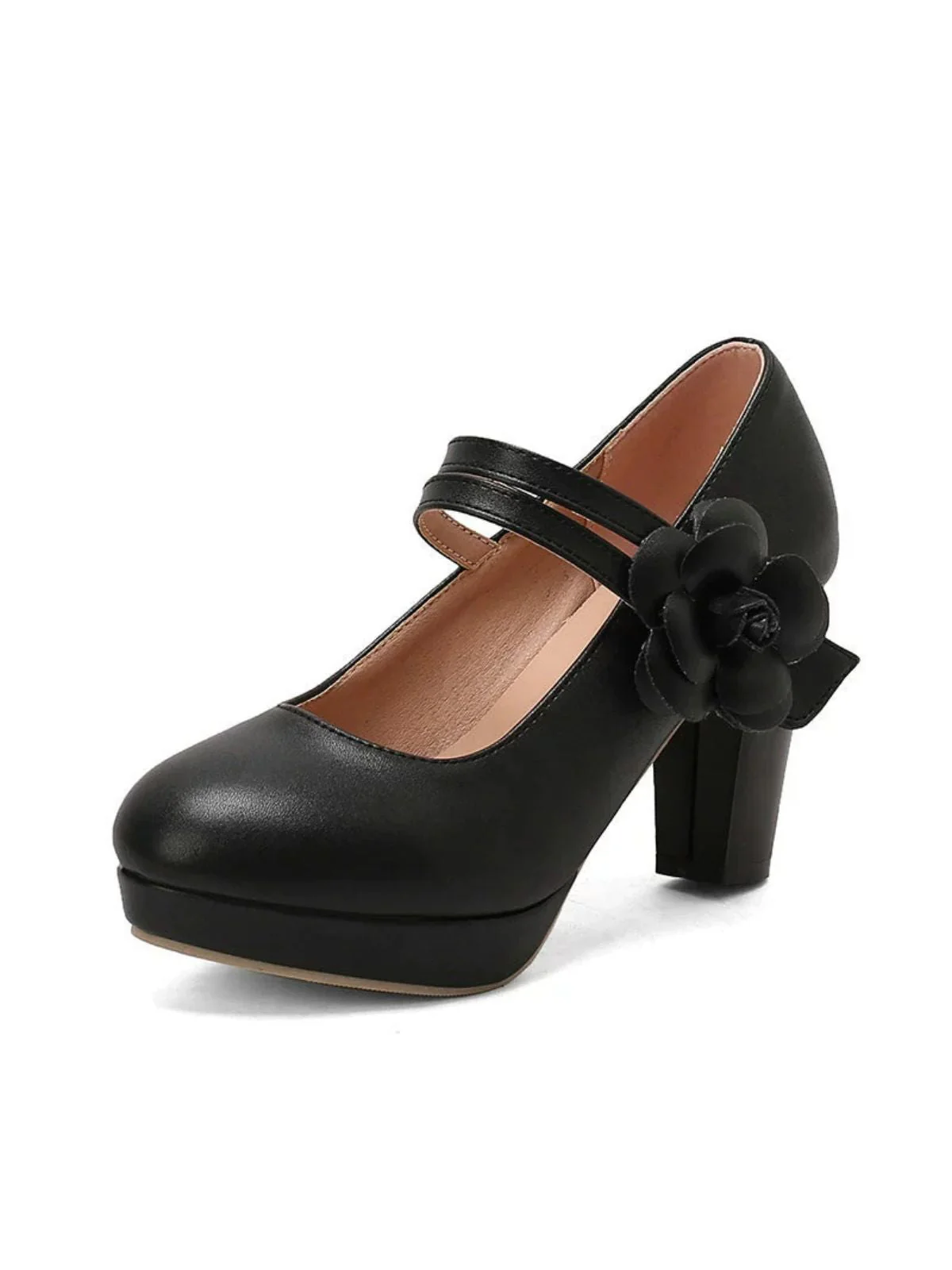 Round Toe Chunky Heel Flower Mary Jane Heels