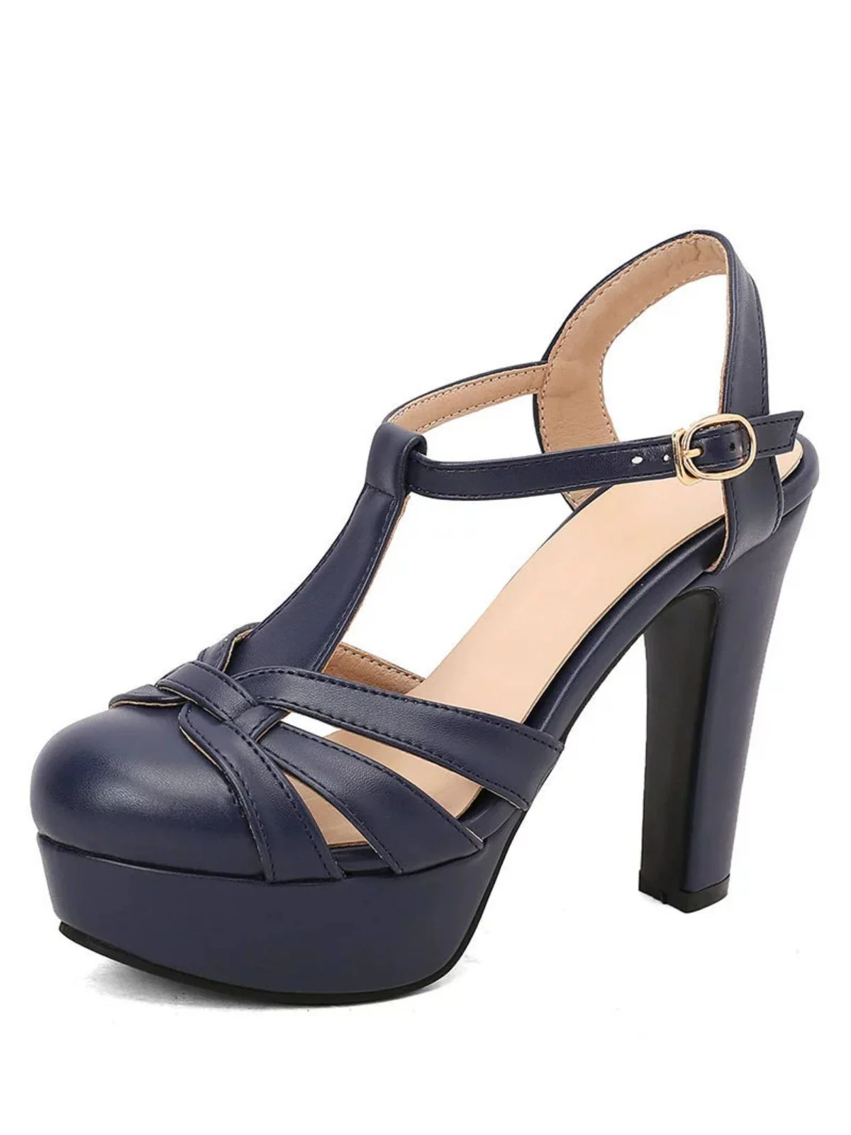 Round Toe T-Strap Chunky Block Heel Platform Sandals