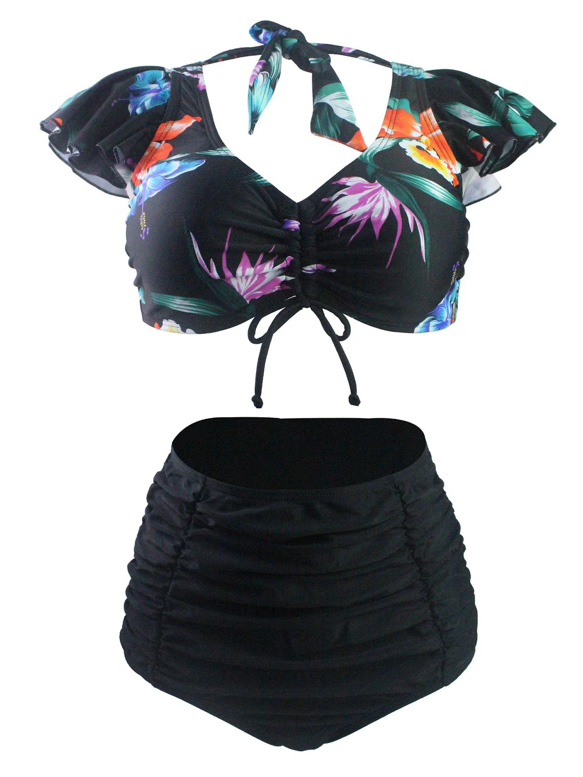 Ruffle Sleeve Floral Lace Up Bikini