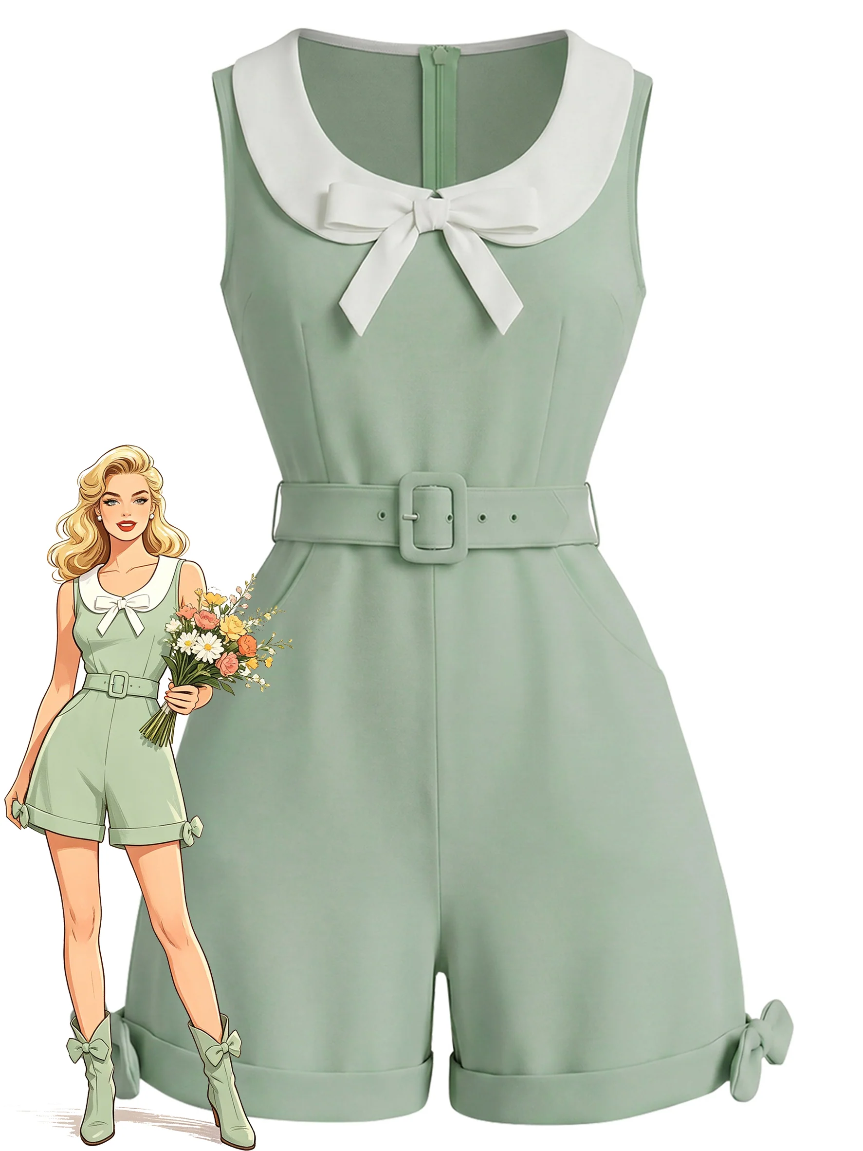 [Pre-Sale] Sage Green 1950s Bow Peter Pan Collar Belted Romper