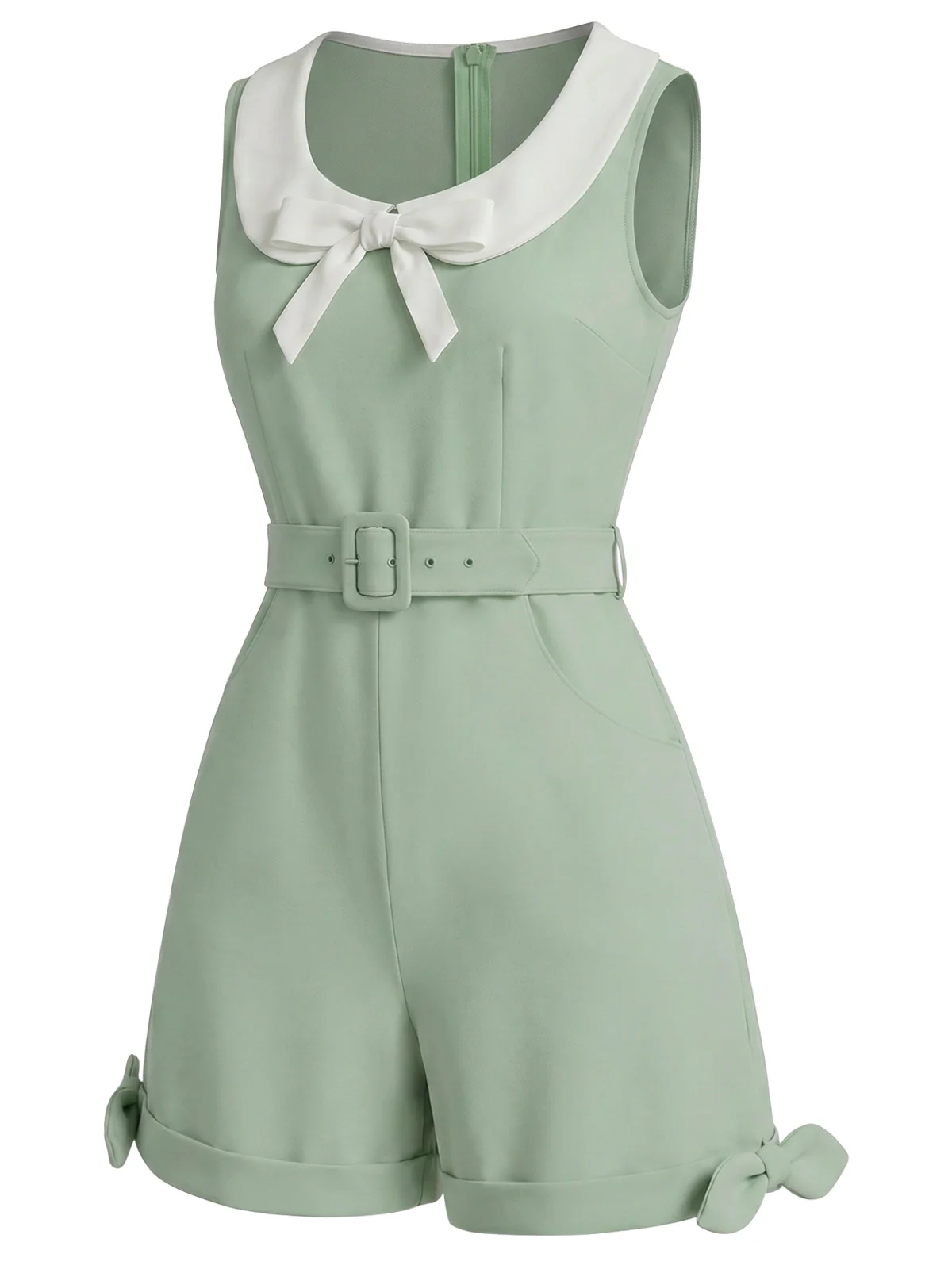 [Pre-Sale] Sage Green 1950s Bow Peter Pan Collar Belted Romper - Image 3