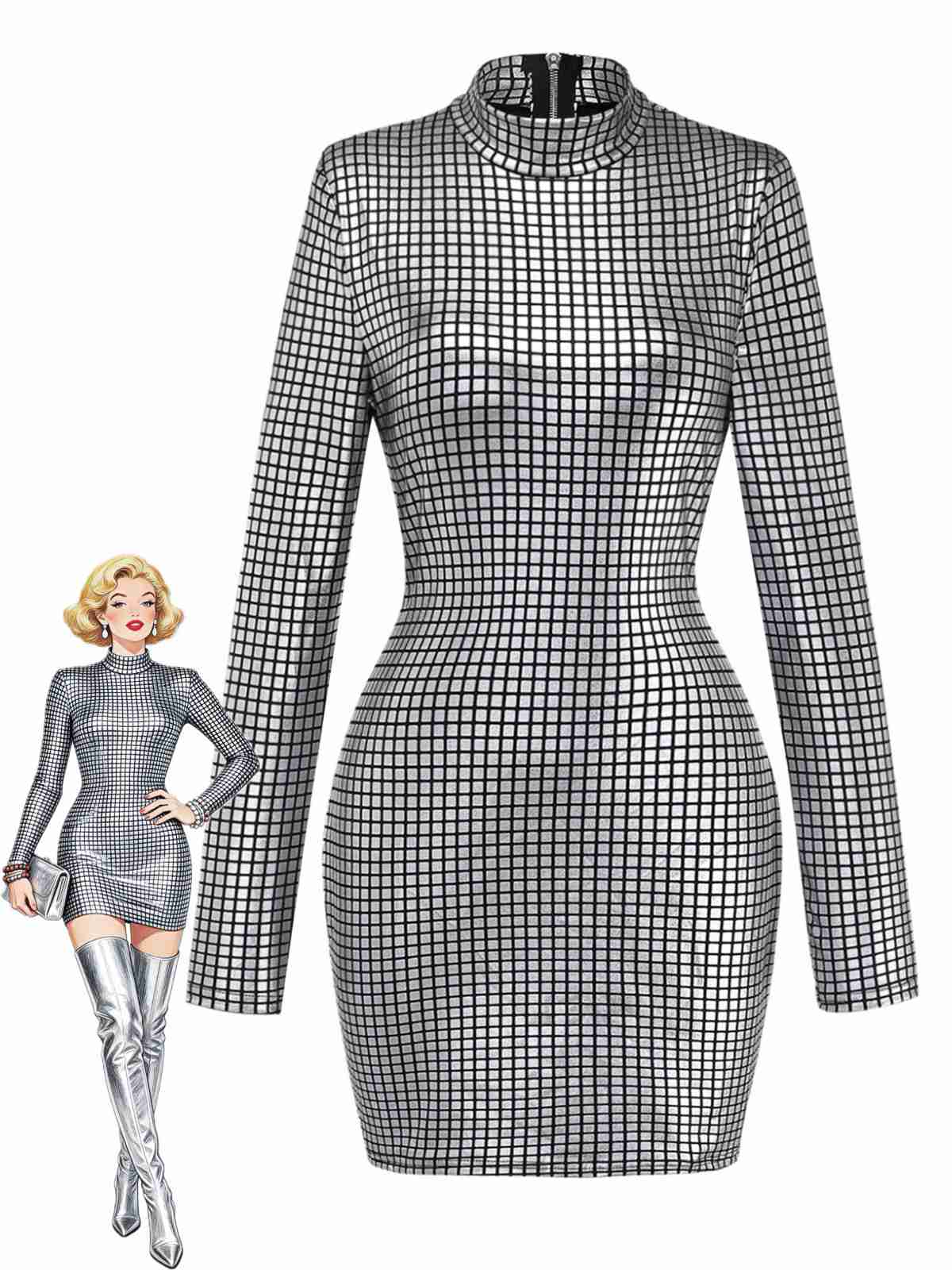Silver 1960s Sparkly Square Sequin Mock Neck Mini Dress
