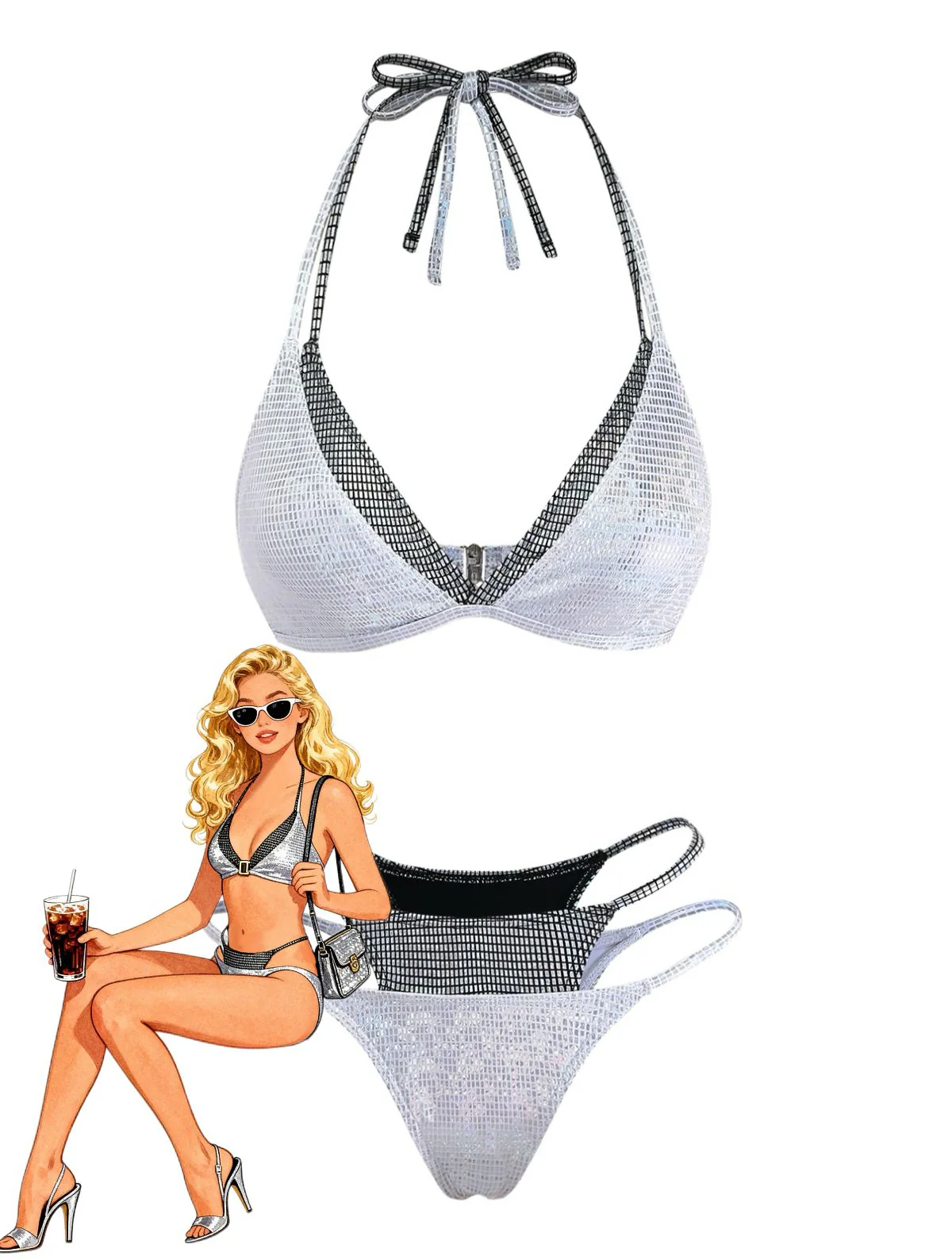 Silver 1980s Halter Shimmer Fake Two-Piece Bikini Set