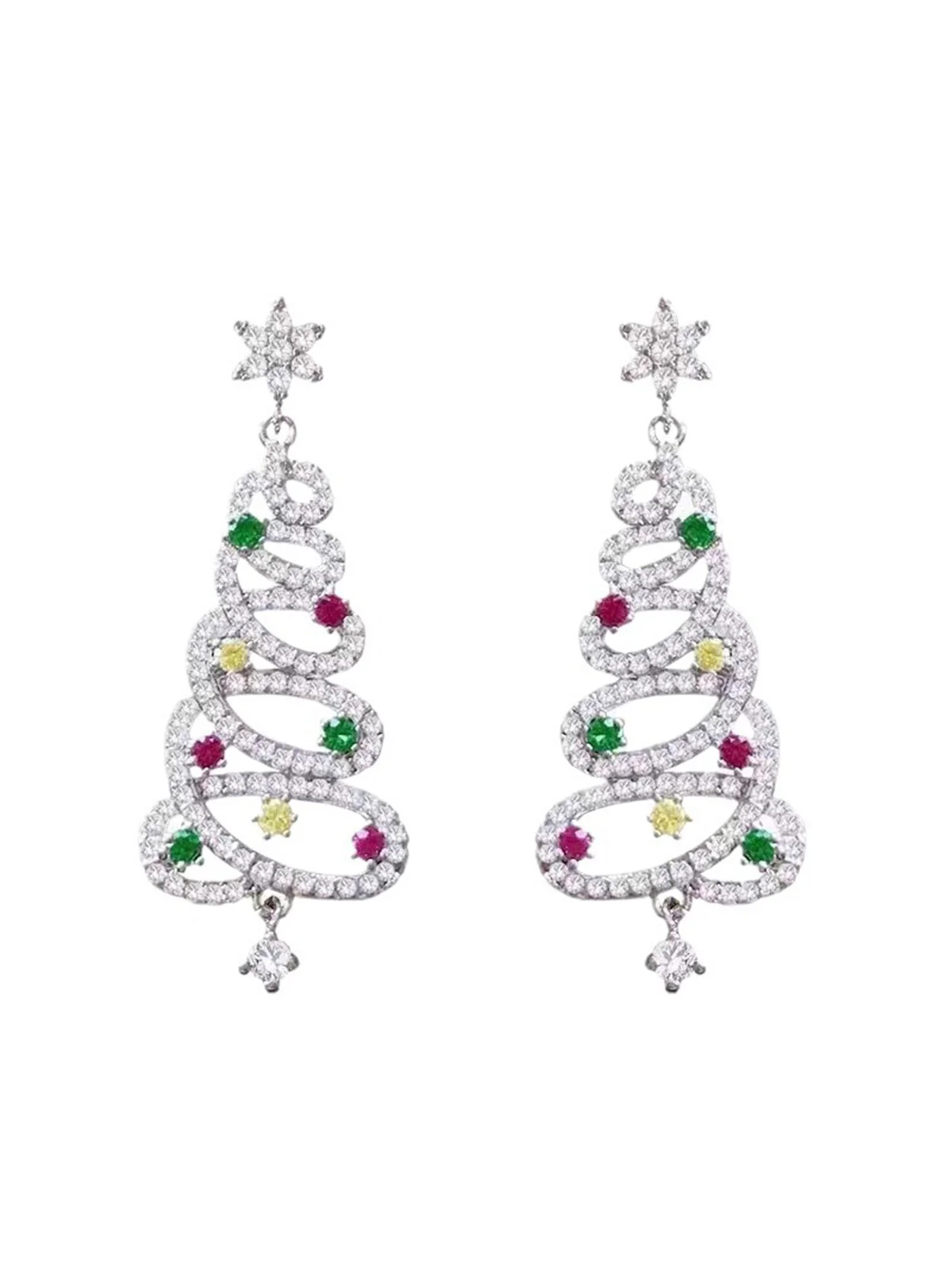 Silver Christmas Tree Colored Rhinestoned Earrings