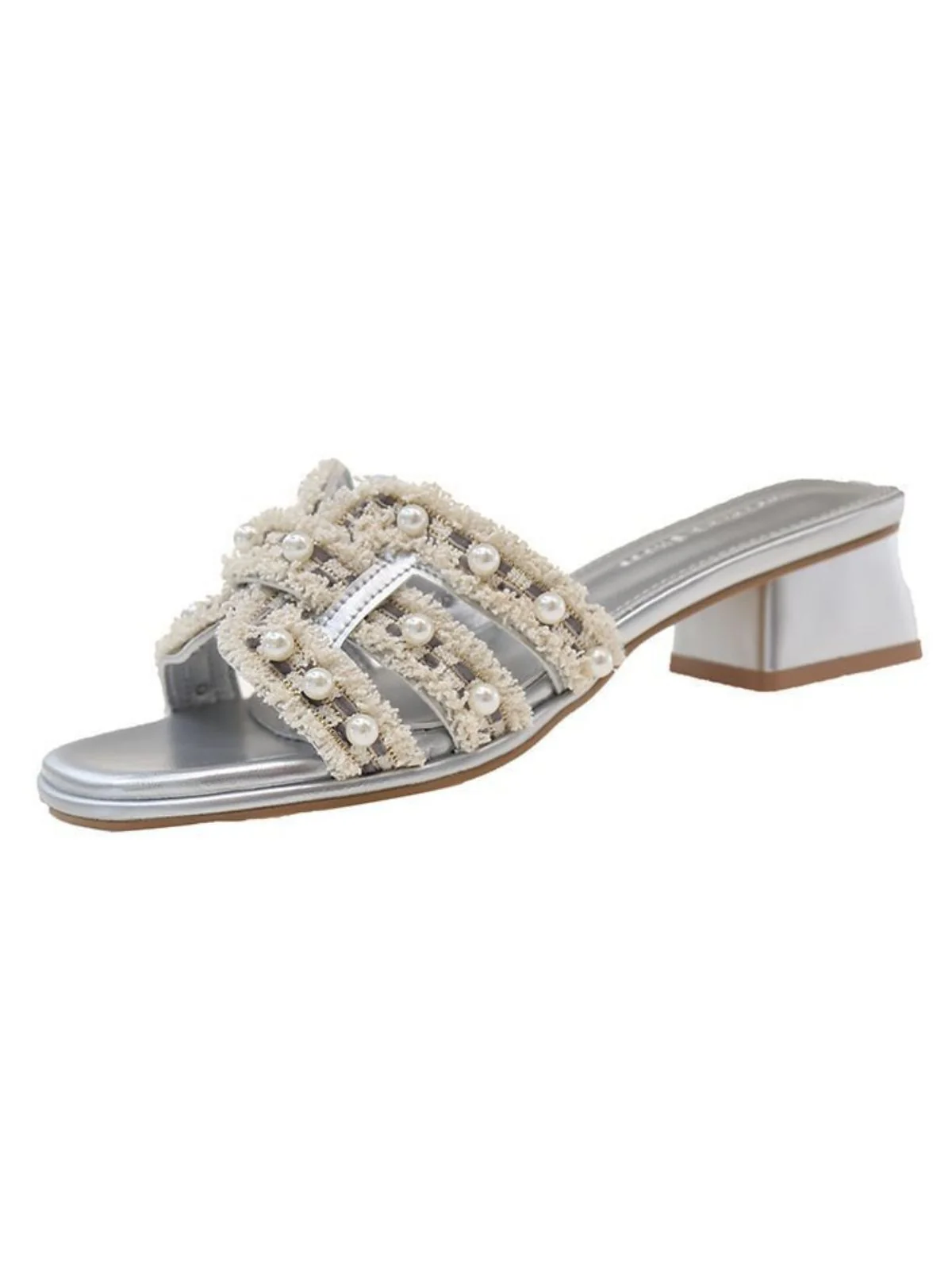 Silver Pearl Tweed Block Heel Slide Mules
