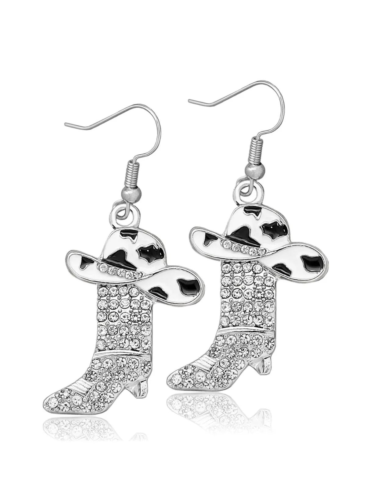 Silver Rhinestone Western Cowboy Boot Earrings