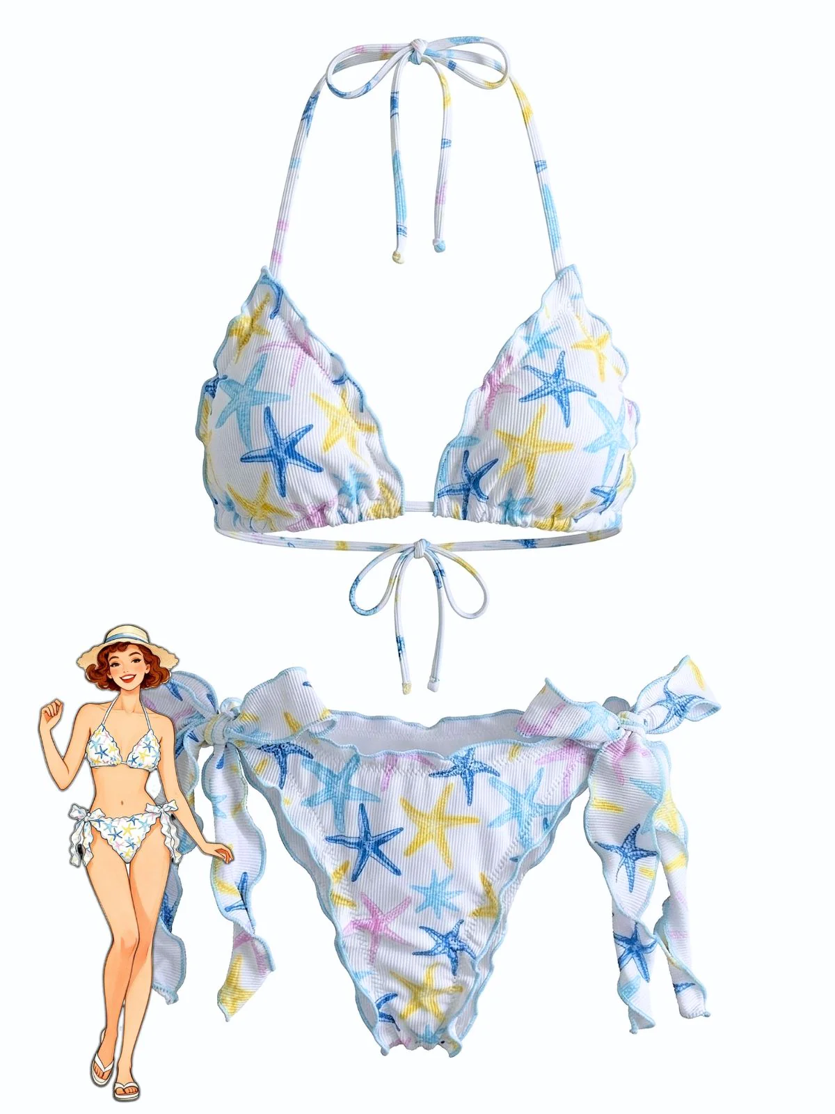 Sky Blue 1960s Starfish Print Halter Bow Tie Bikini Set