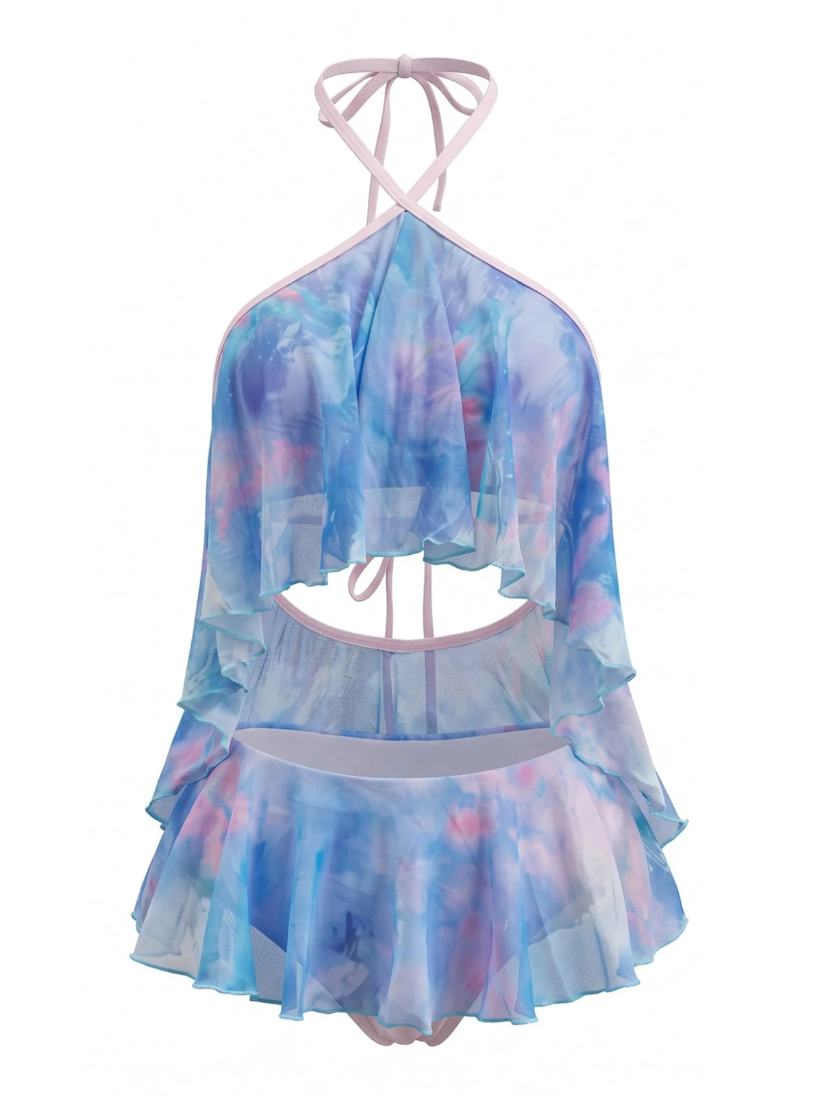 Sky Blue 1980s Halter Ombré Ruffled Tankini Set