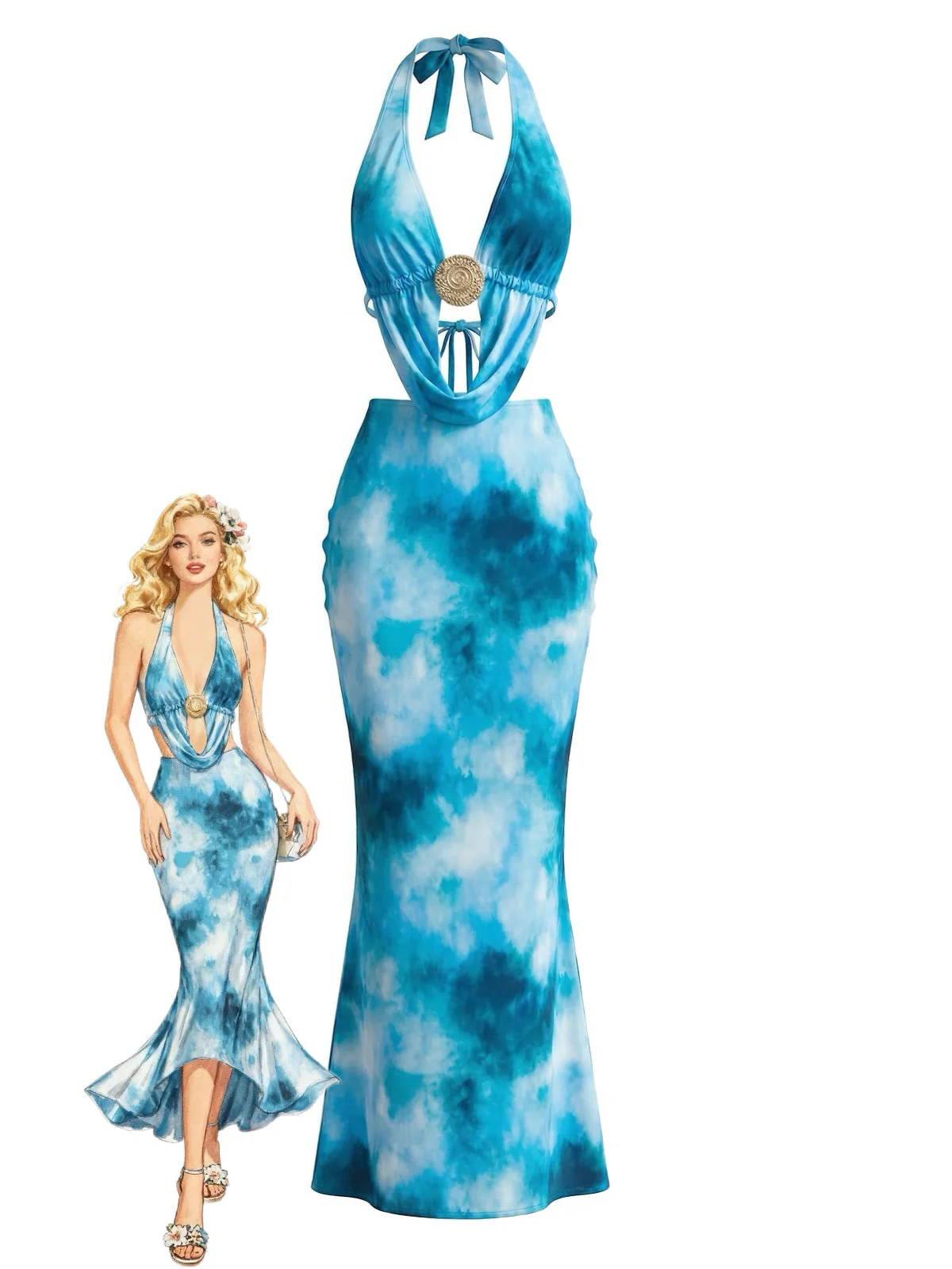 Sky Blue 1980s Tie-Dye Halter Cutout Backless Maxi Cover-Up Dress