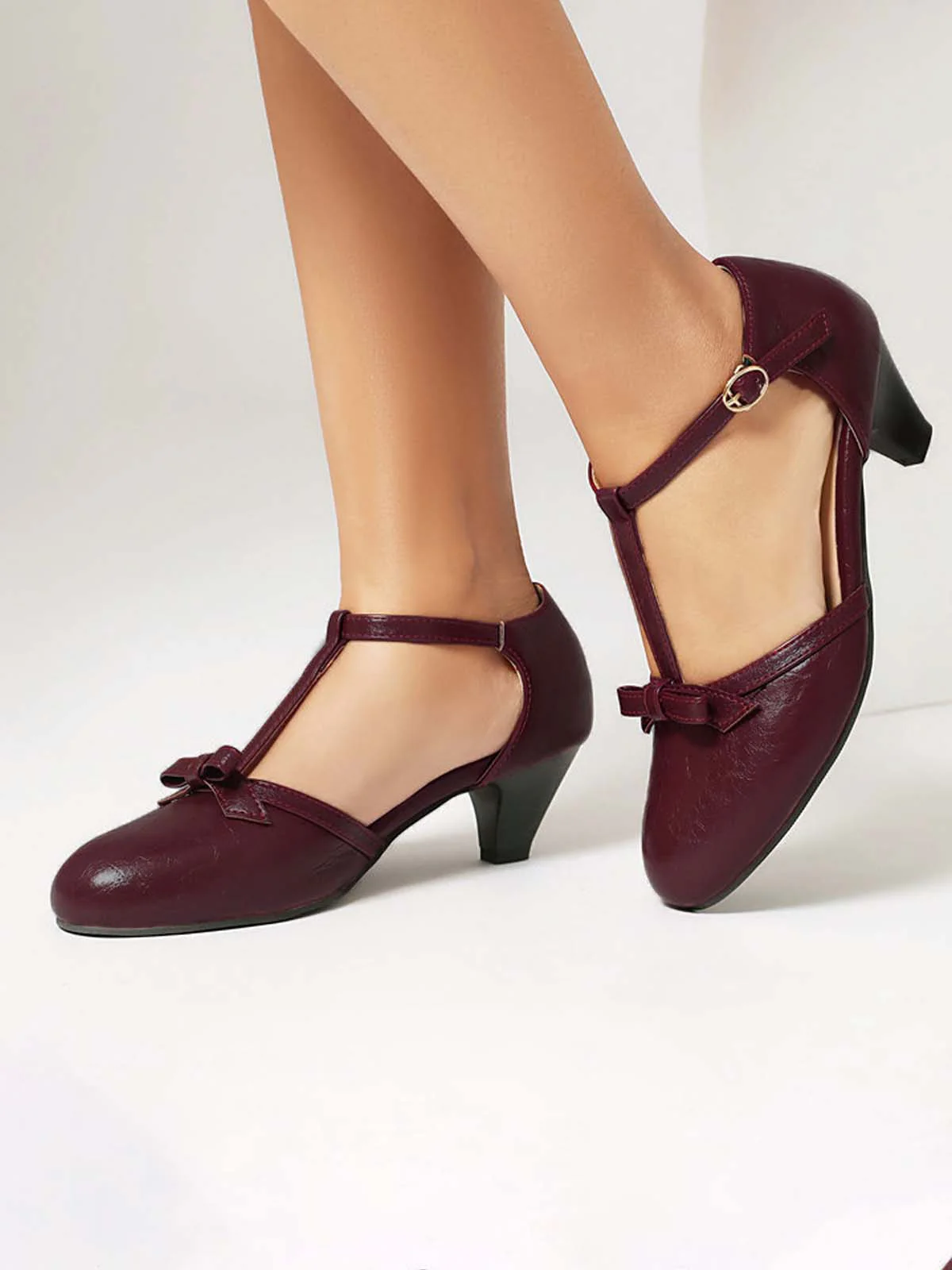 Solid Bow Ankle Strap Mary Jane Heels - Image 11