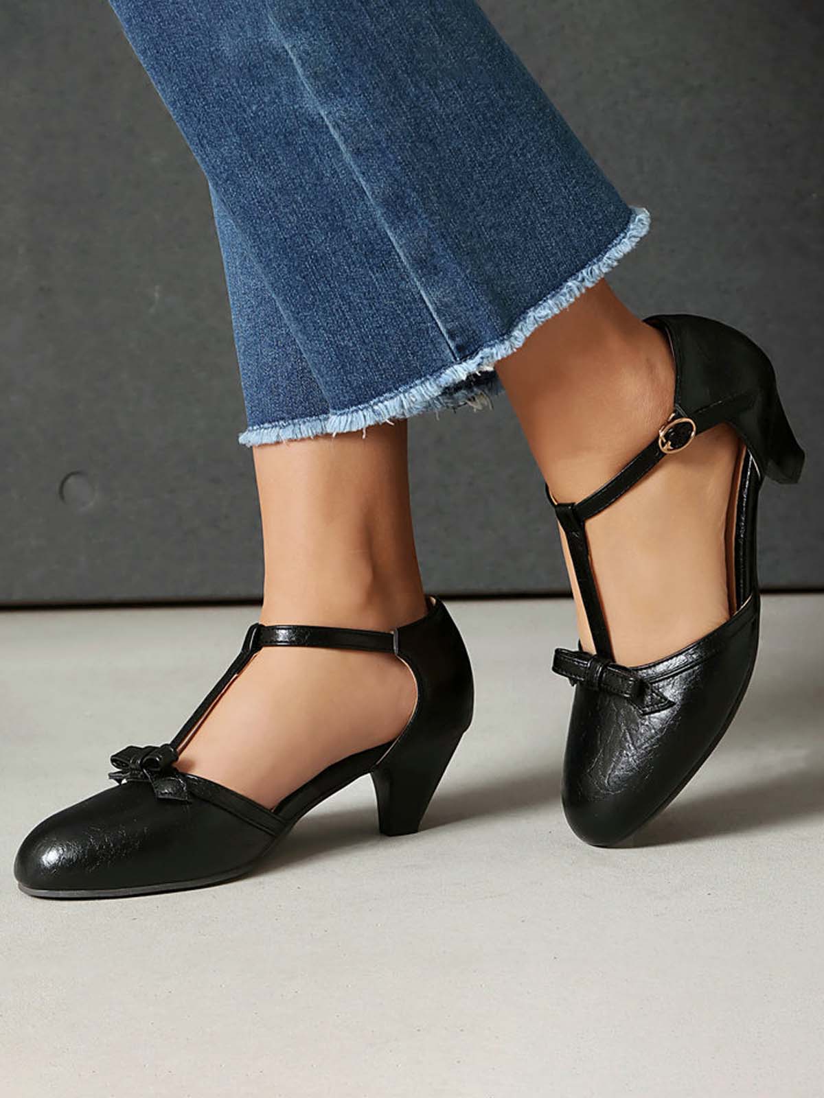 Solid Bow Ankle Strap Mary Jane Heels - Image 3