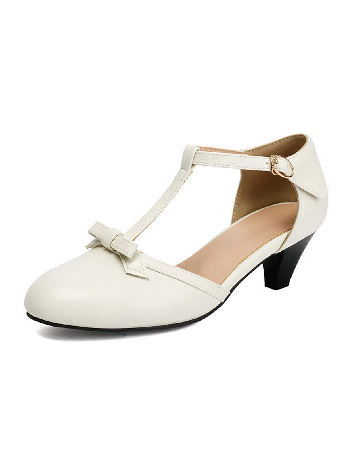 Solid Bow Ankle Strap Mary Jane Heels - Image 5