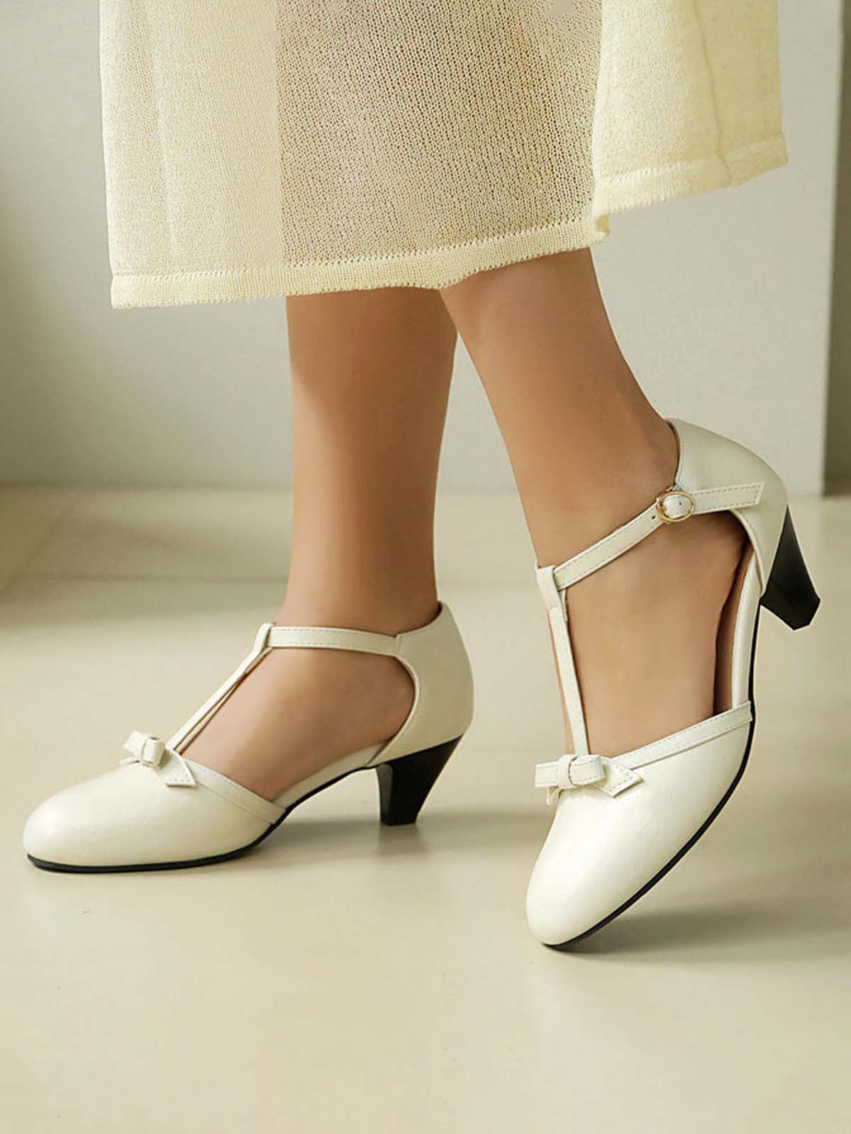 Solid Bow Ankle Strap Mary Jane Heels - Image 6