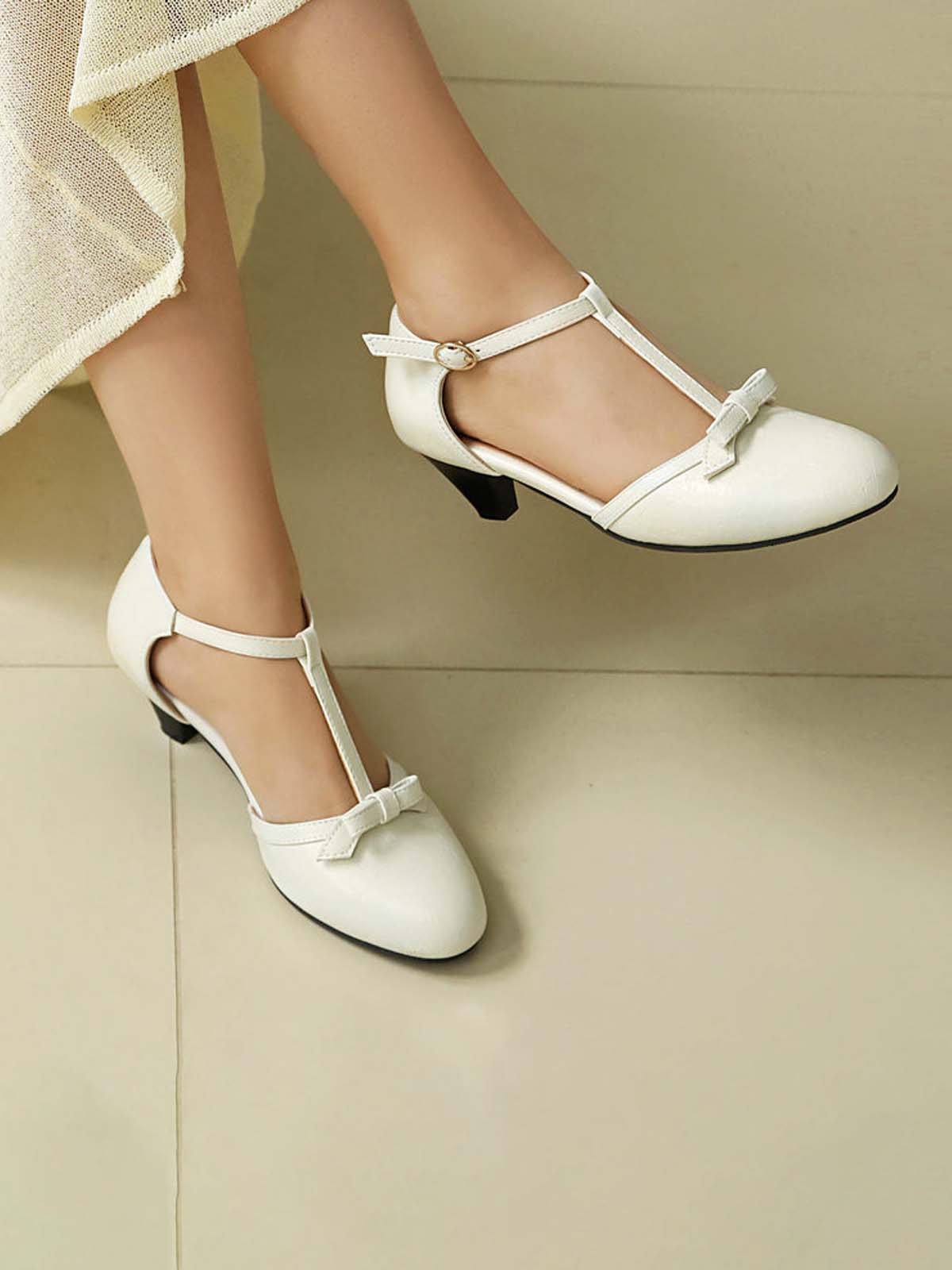 Solid Bow Ankle Strap Mary Jane Heels - Image 7