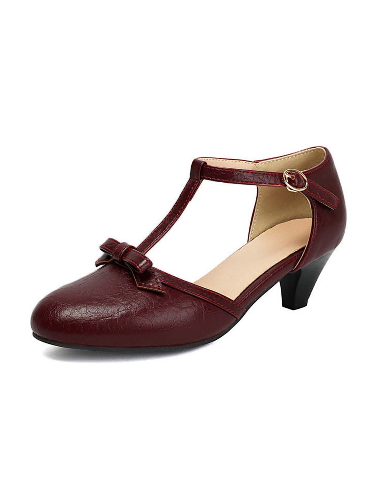 Solid Bow Ankle Strap Mary Jane Heels - Image 8