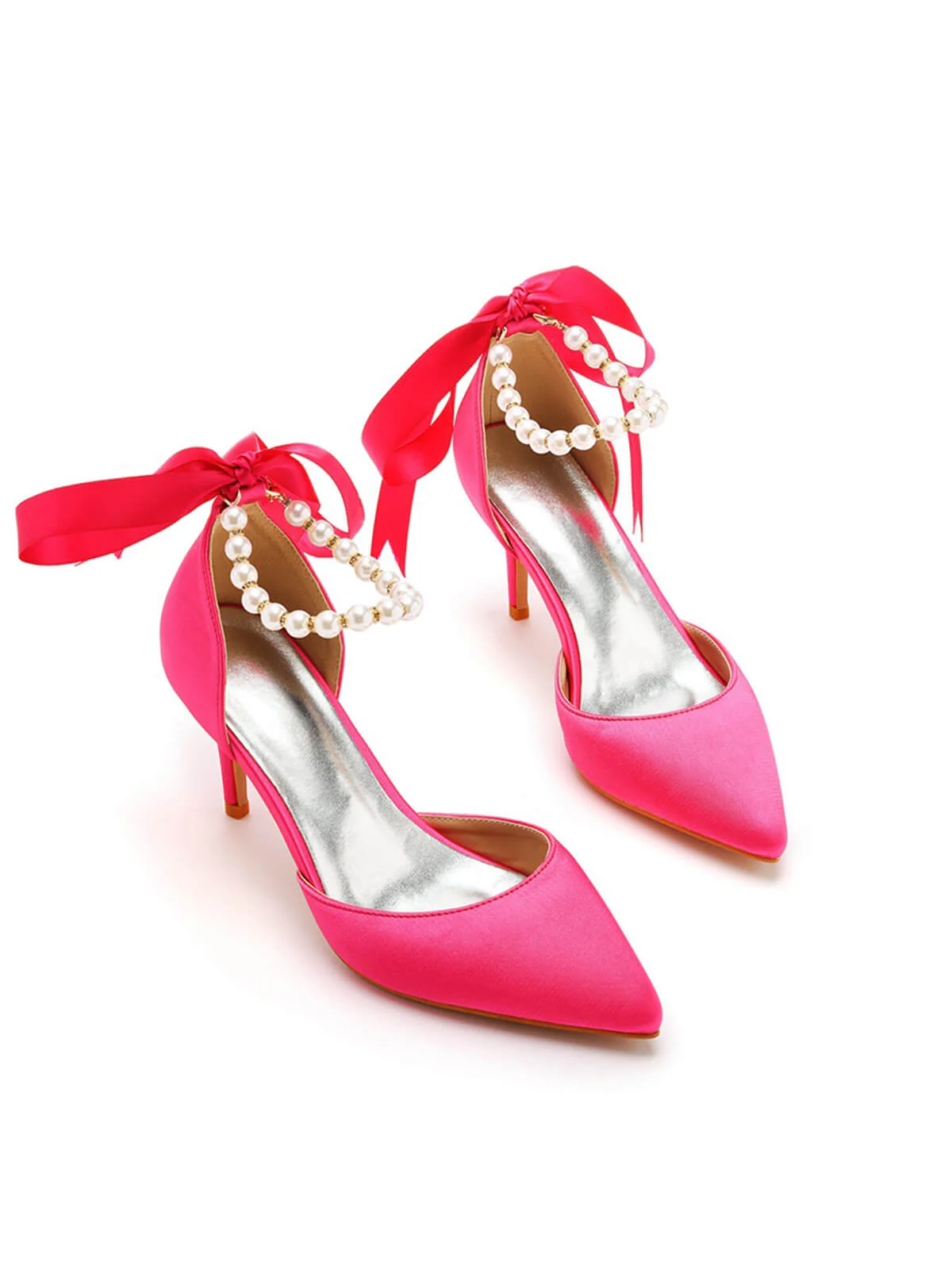 Solid Color Pearl Satin Pointed Toe Heels - Image 2