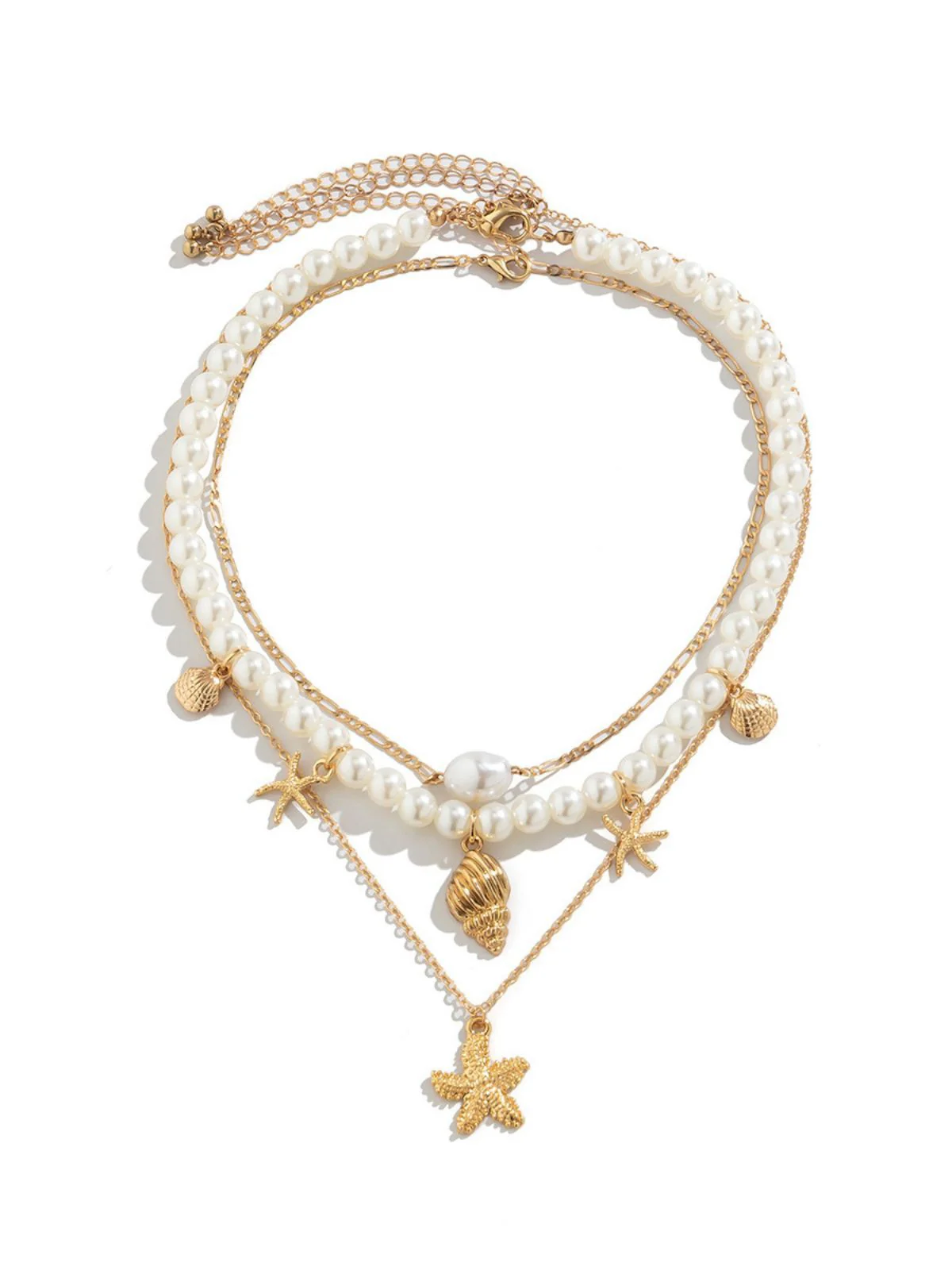 Starfish Seashell Pearl Layered Chain Necklace