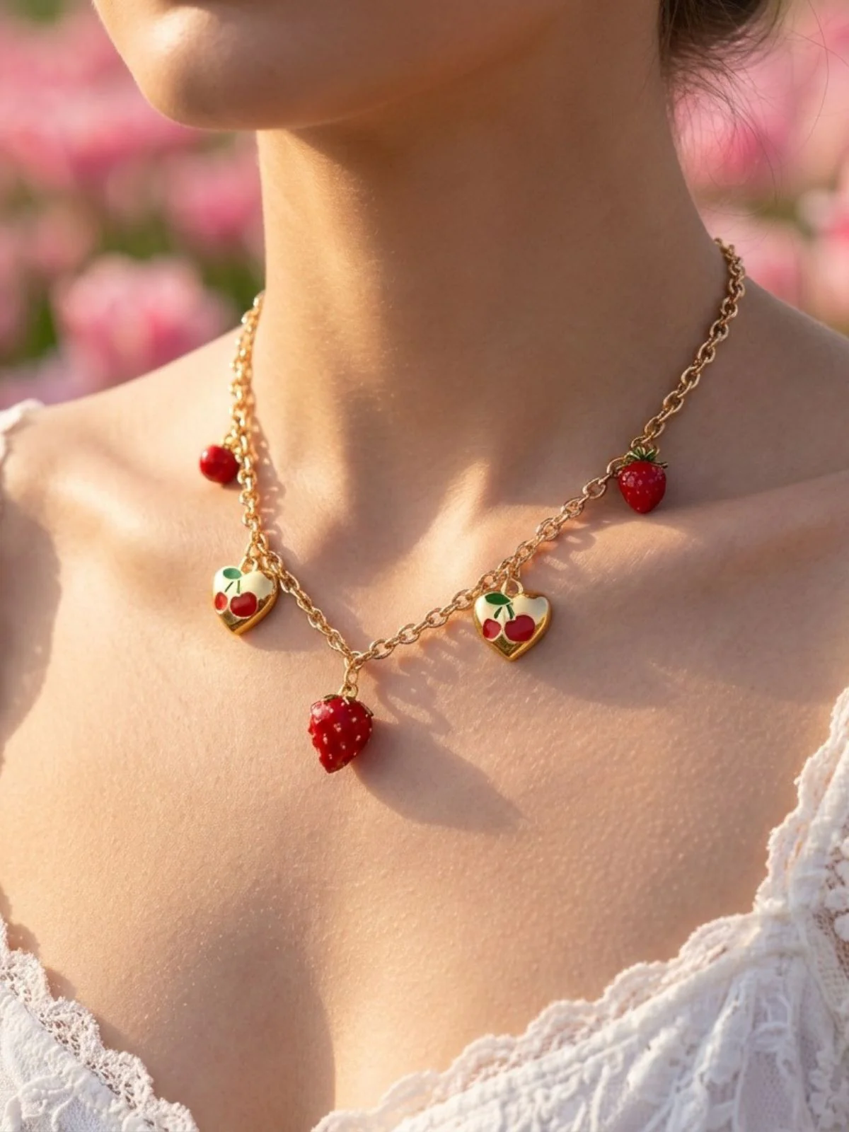 Strawberry Heart Pendant Gold Chain Necklace