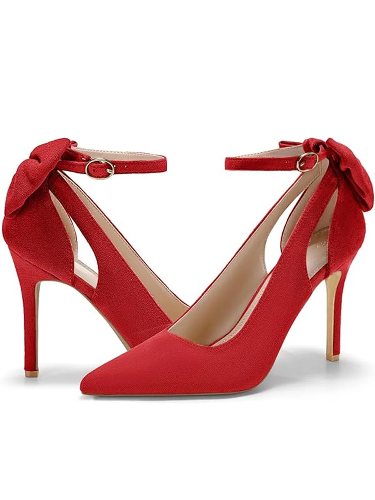 Suede Bow Ankle Strap Pointed Toe High Heel Shoes