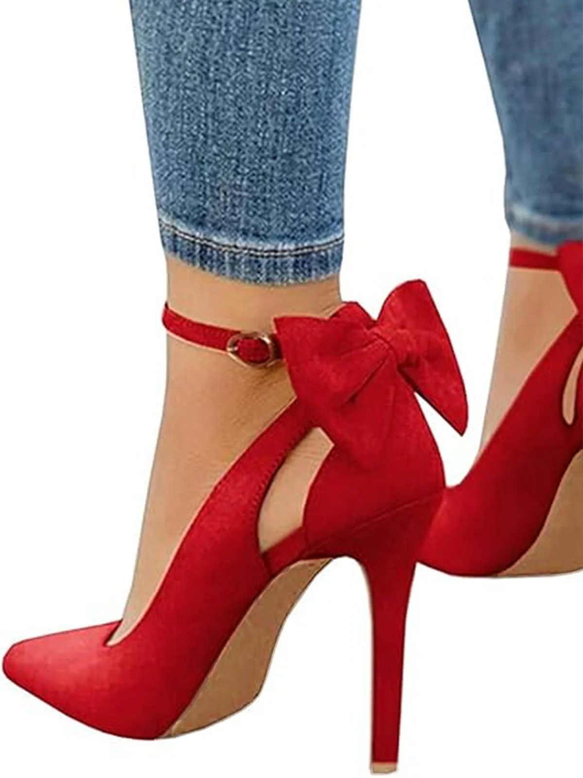 Suede Bow Ankle Strap Pointed Toe High Heel Shoes - Image 2