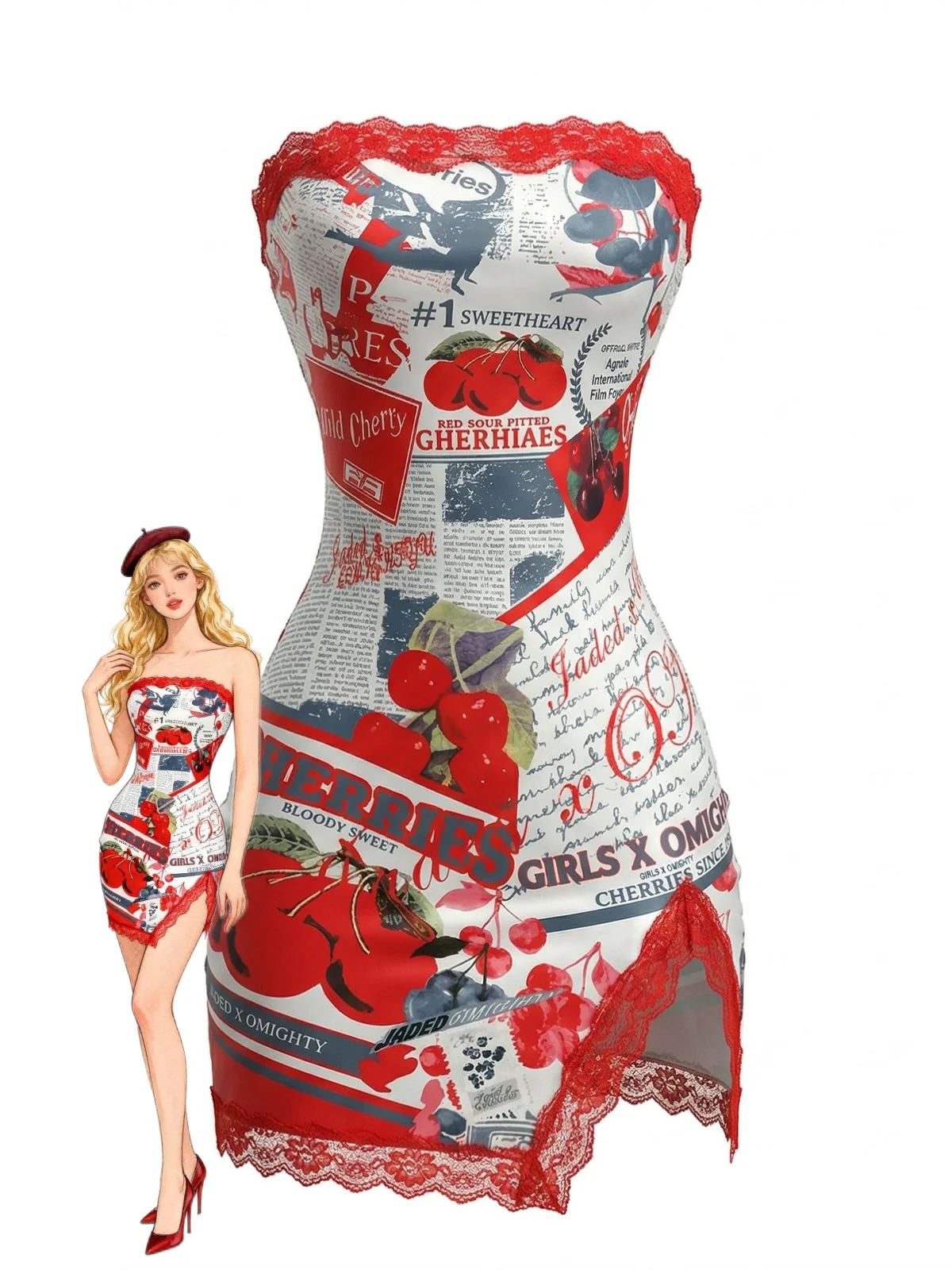 True Red 1960s Cherry Newspaper Strapless Dress