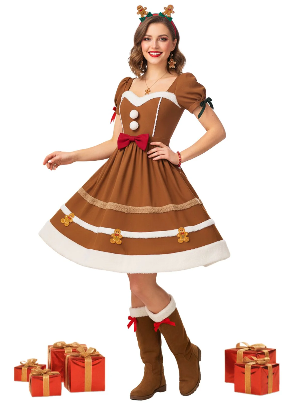 Turmeric 1950s Gingerbread Man Plush Trim Dress