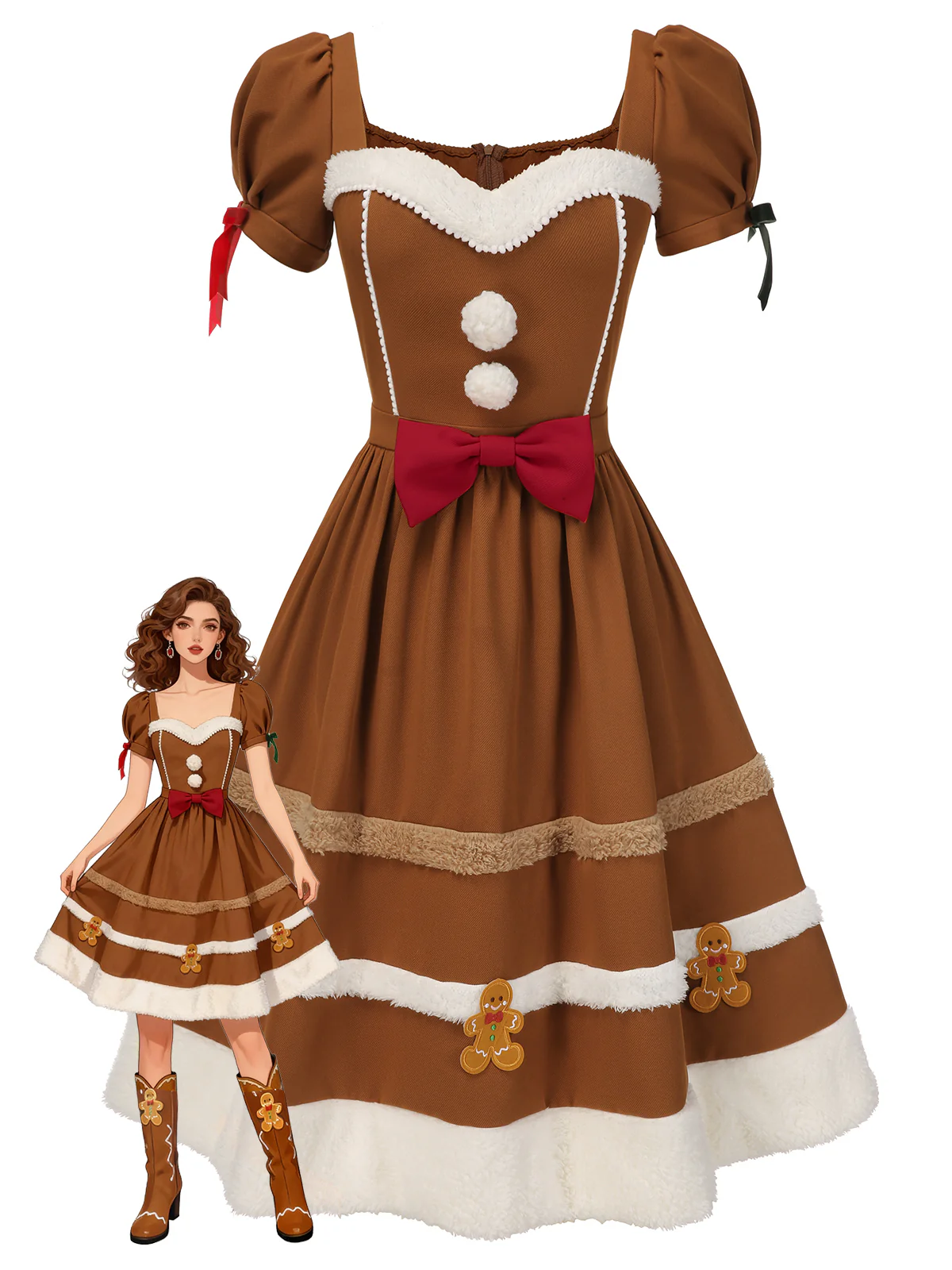 Turmeric 1950s Gingerbread Man Plush Trim Dress